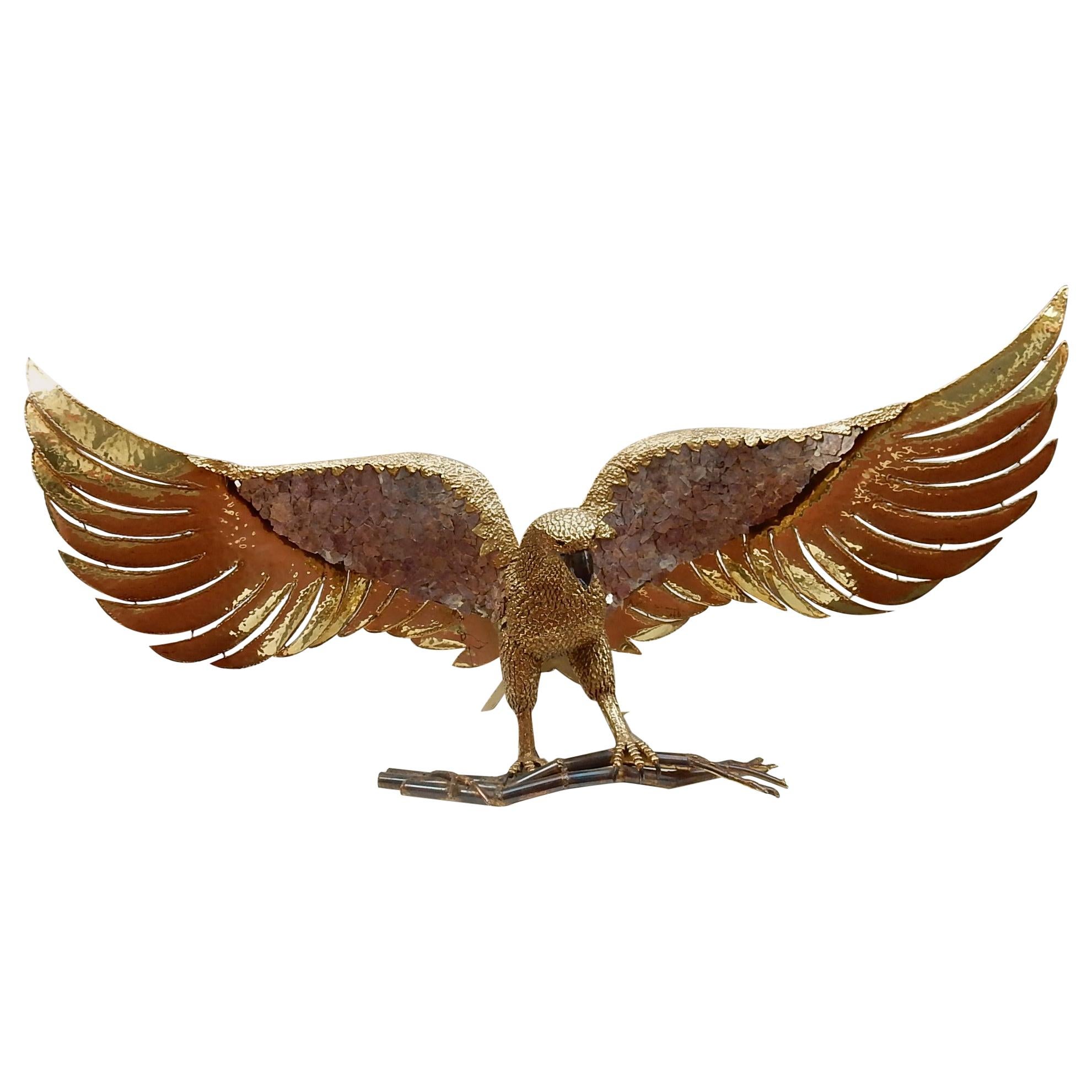 1970 Eagle Lamp with Deployed Wings in Bronze and Purple Mica Signed I Faure
