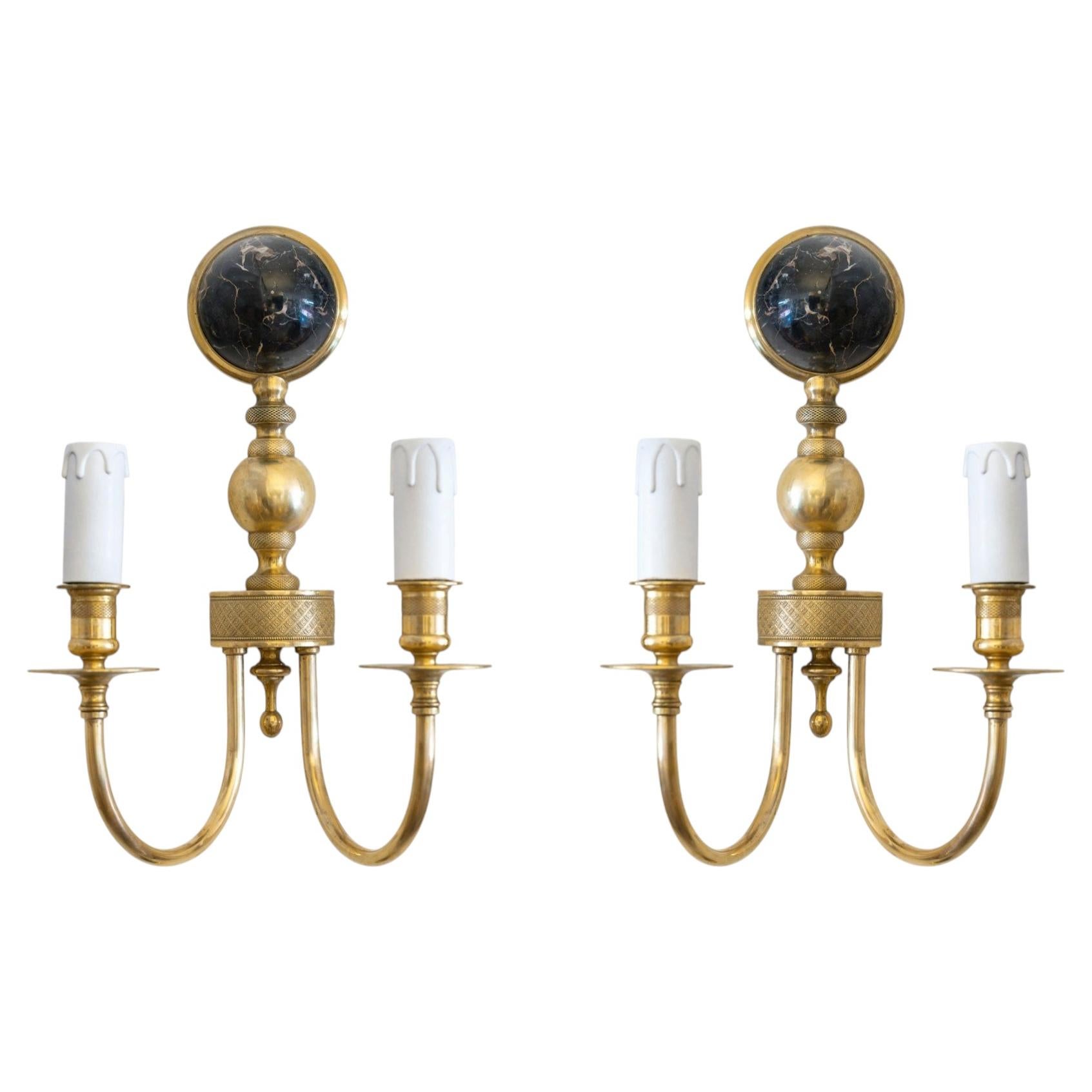1960: Elegant pair of neoclassical wall sconces by Maison Roche For Sale