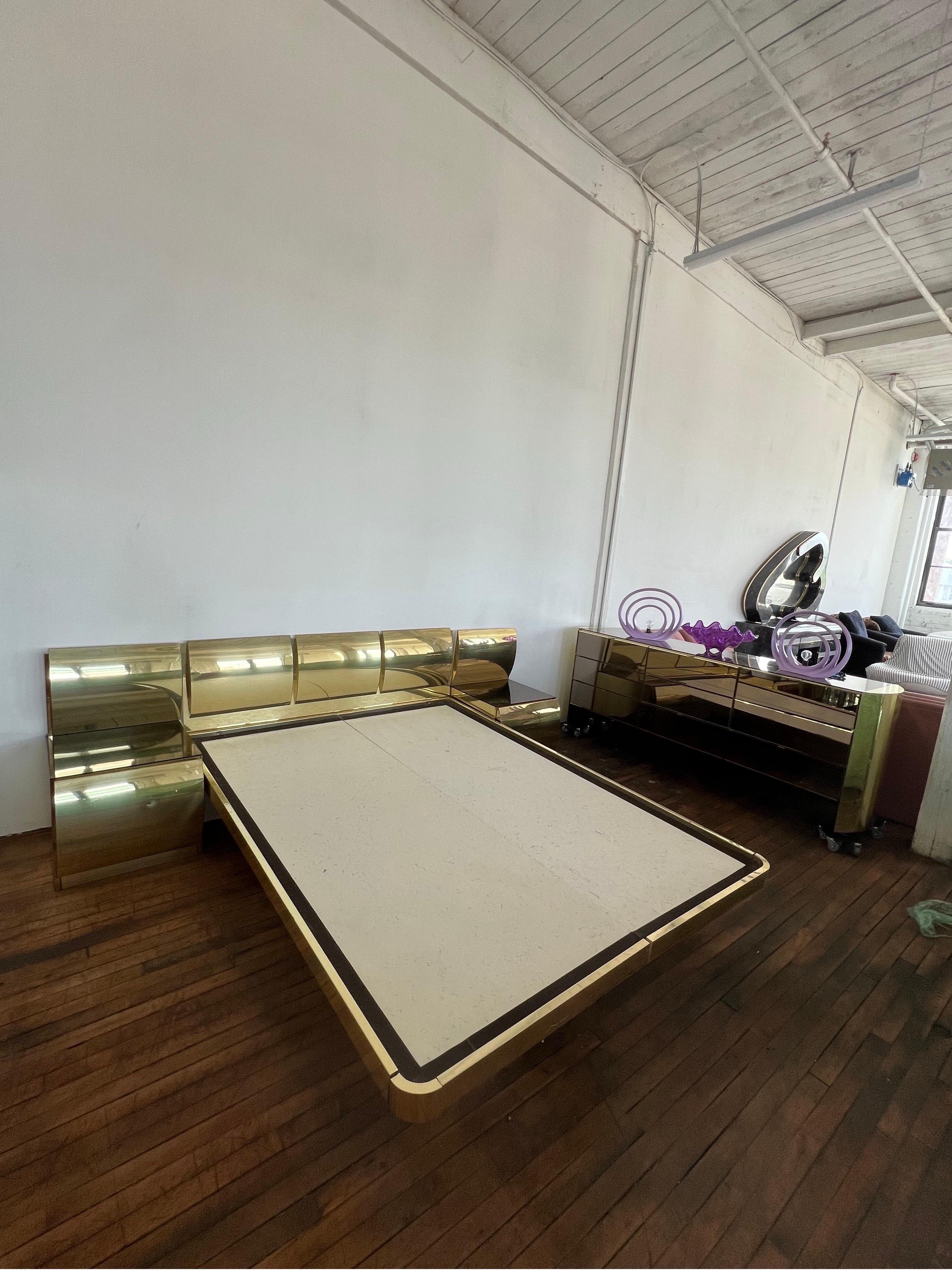 Post-Modern 1970 Ello Style Brass Mirrored Full Bedroom Set