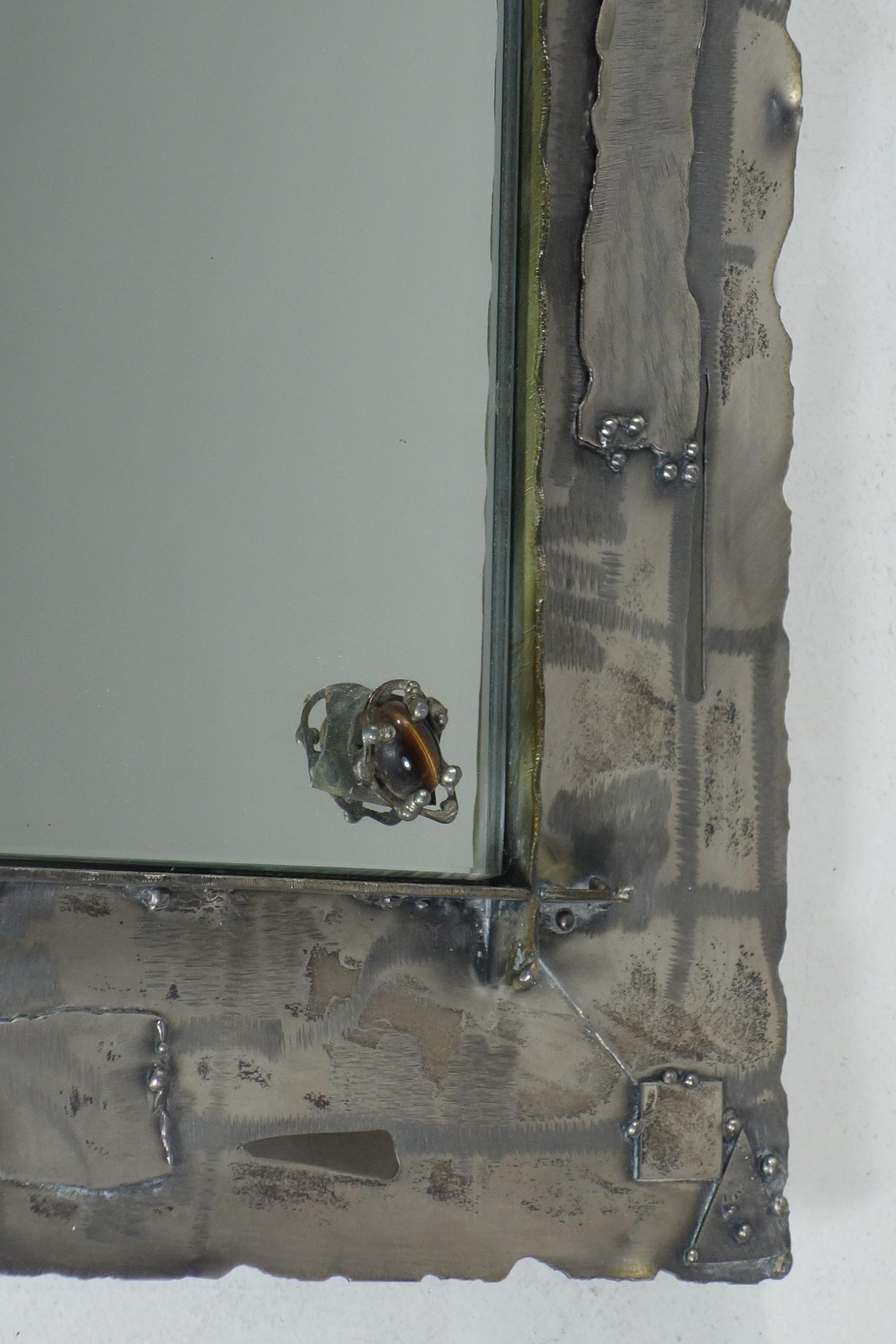 1970 Ely Art Metal Italian Design Tiger's Eye Silver Wall Mirror For Sale 1