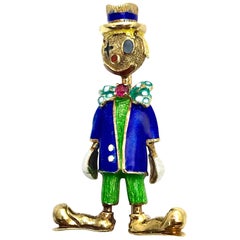 1970 Enamel and Ruby Yellow Gold Circus Clown Brooch
