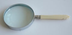 1970 English Magnifying Glass with Cream White Bone Handle & Silver Plated Decor