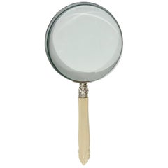 1970 English Magnifying Glass with Cream White Bone Handle & Silver Plated Decor