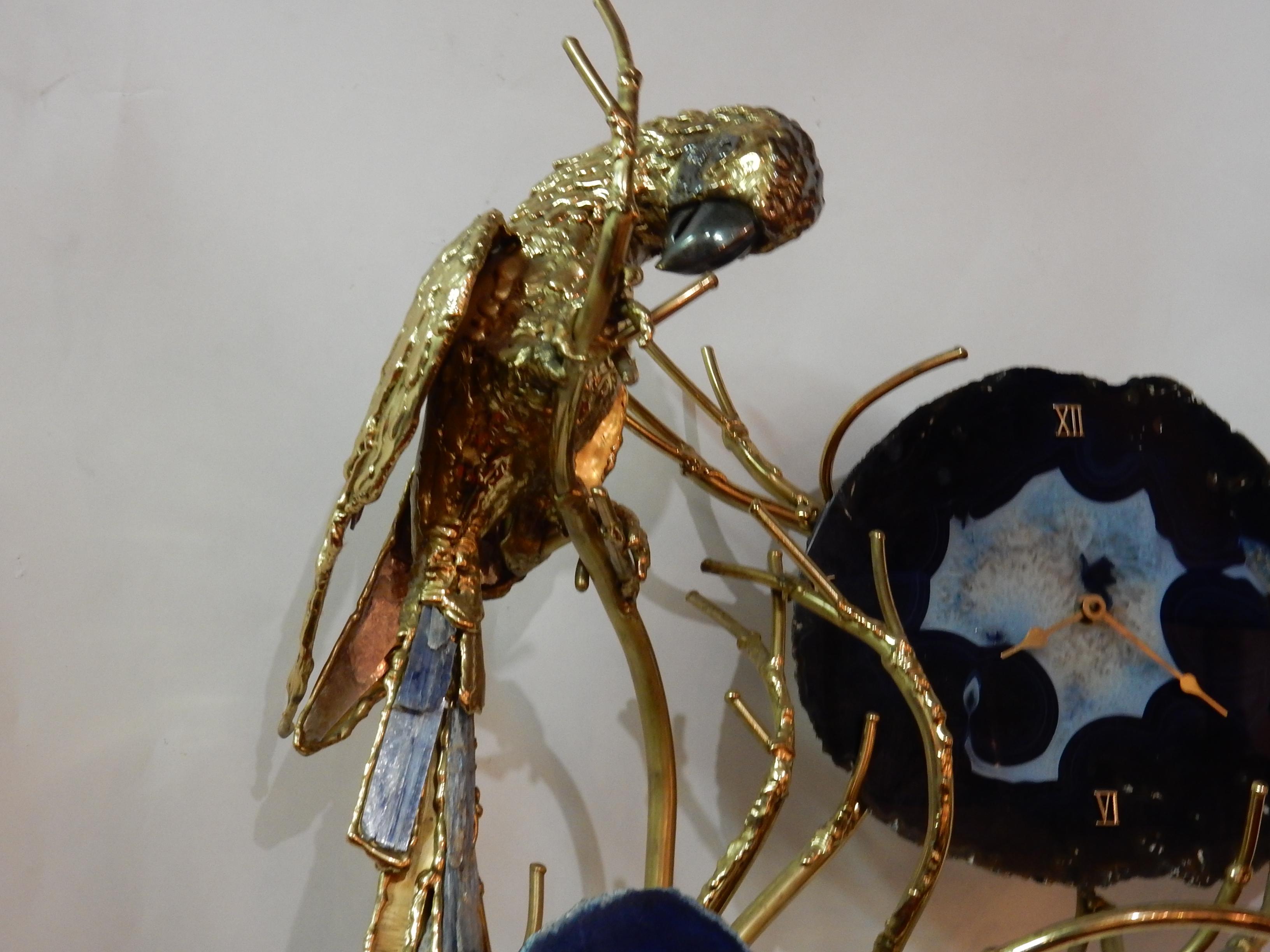 Patinated 1970 Enlightening Clock with Parrot Fernandez or Duval Brasseur for Honore For Sale