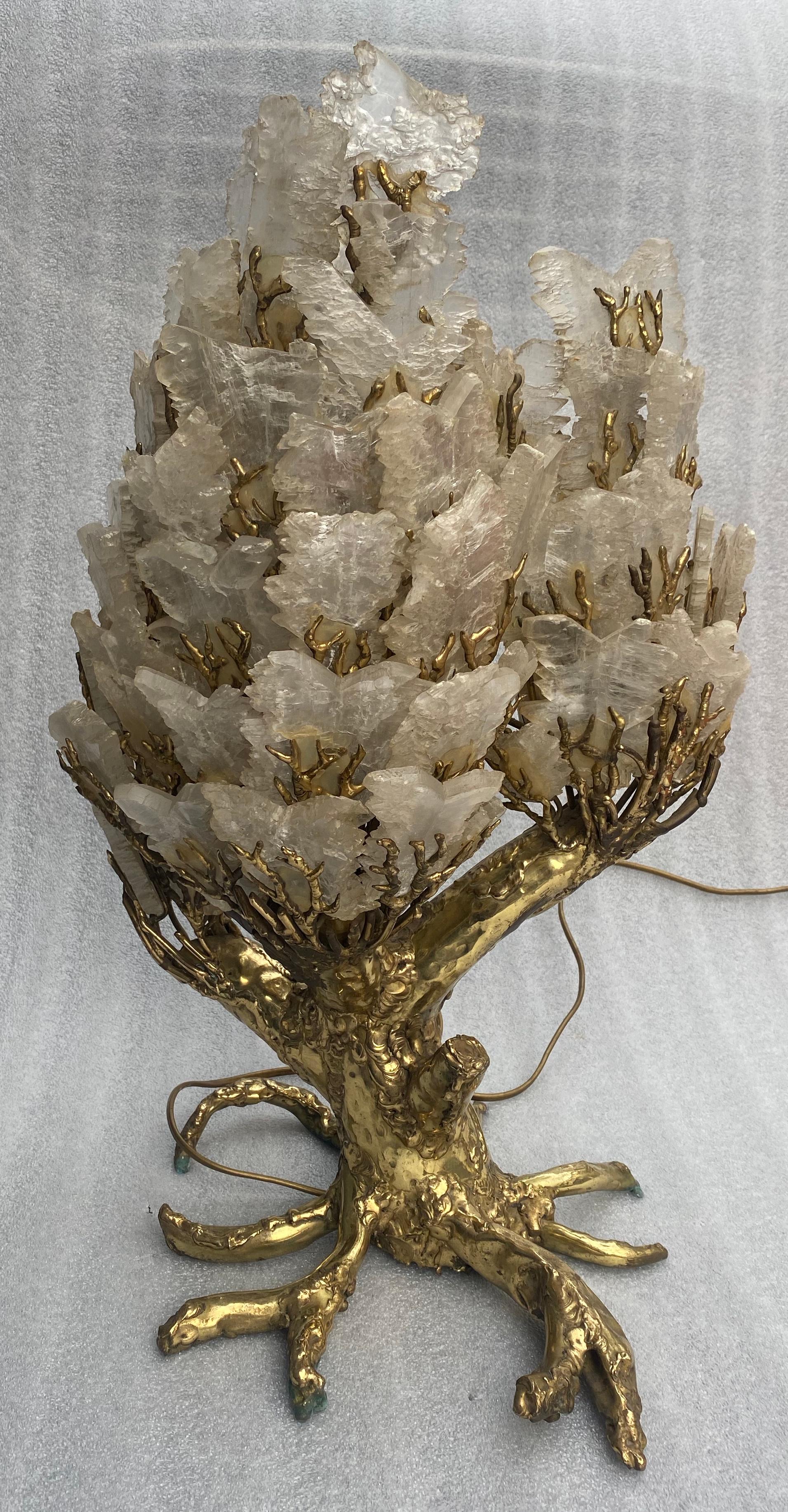 Gilt 1970′ Enlightening Coral Lamp In Bronze With Gypsum Imitating Rock Crystal