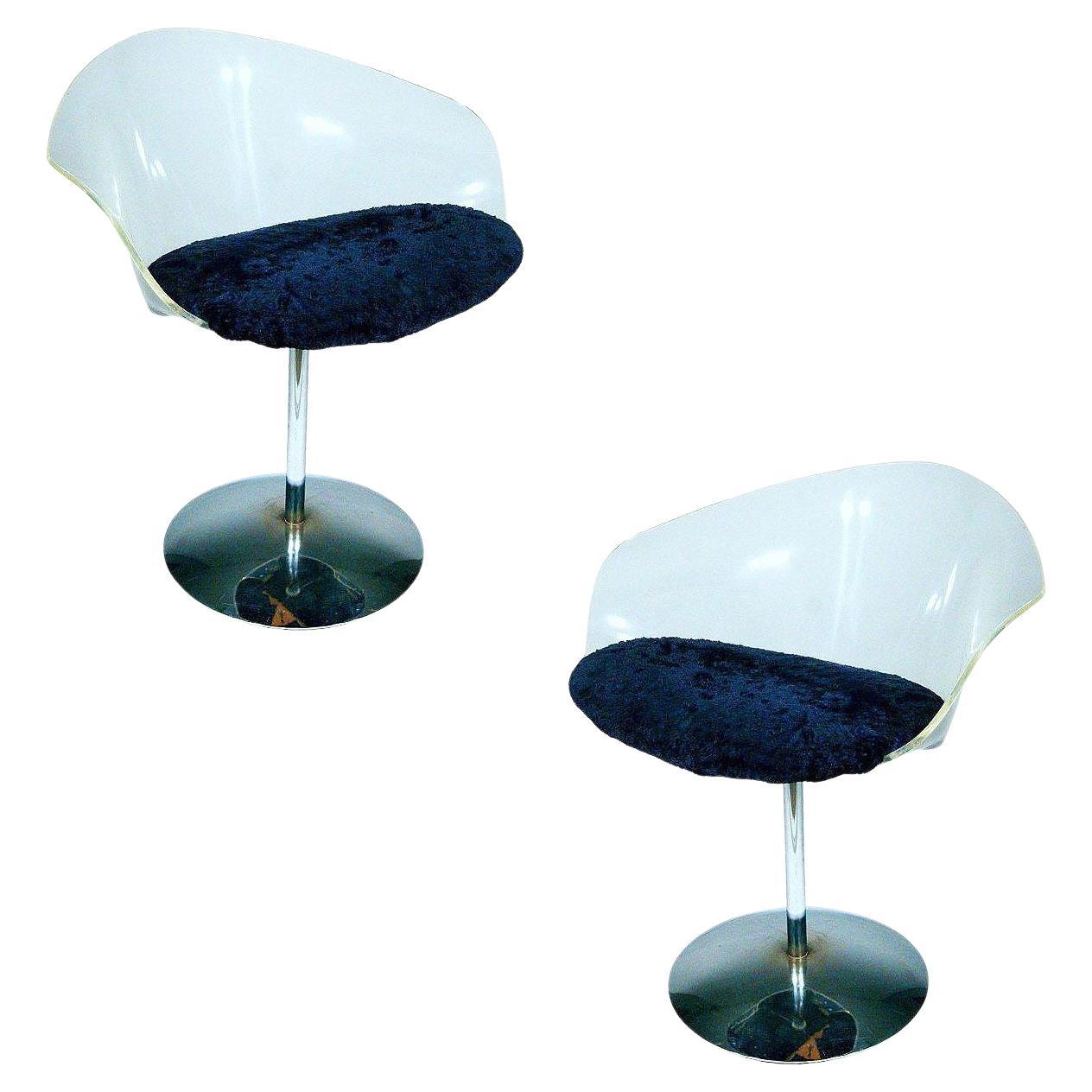 1970 Estelle Laverne Inspired Lucite & Chrome Swivel Tulip Chairs, Pair en vente