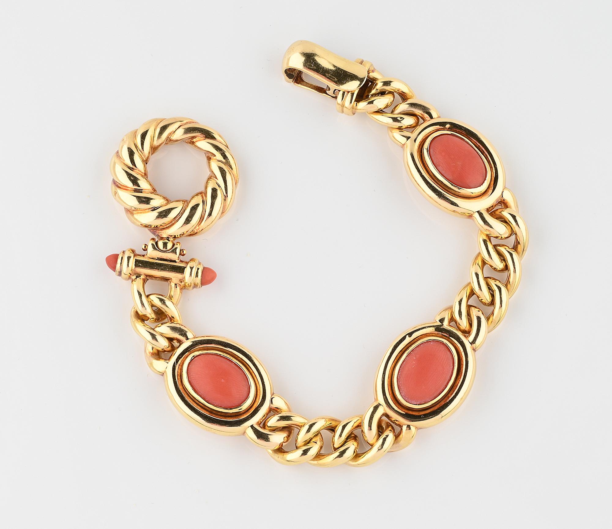 Contemporary 1970 Fancy Curb Link Red Coral Bracelet 18 KT