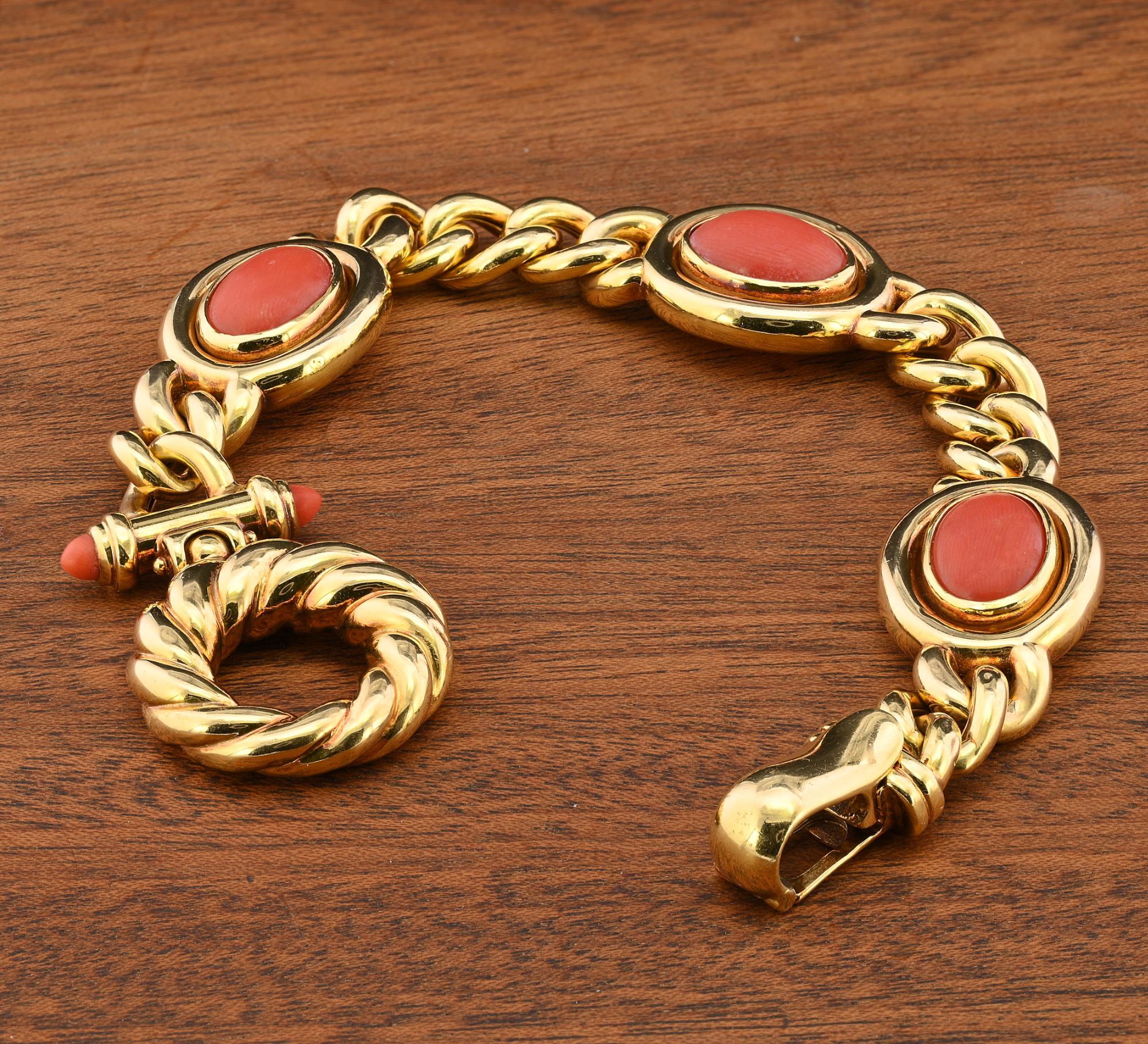 Cabochon 1970 Fancy Curb Link Red Coral Bracelet 18 KT