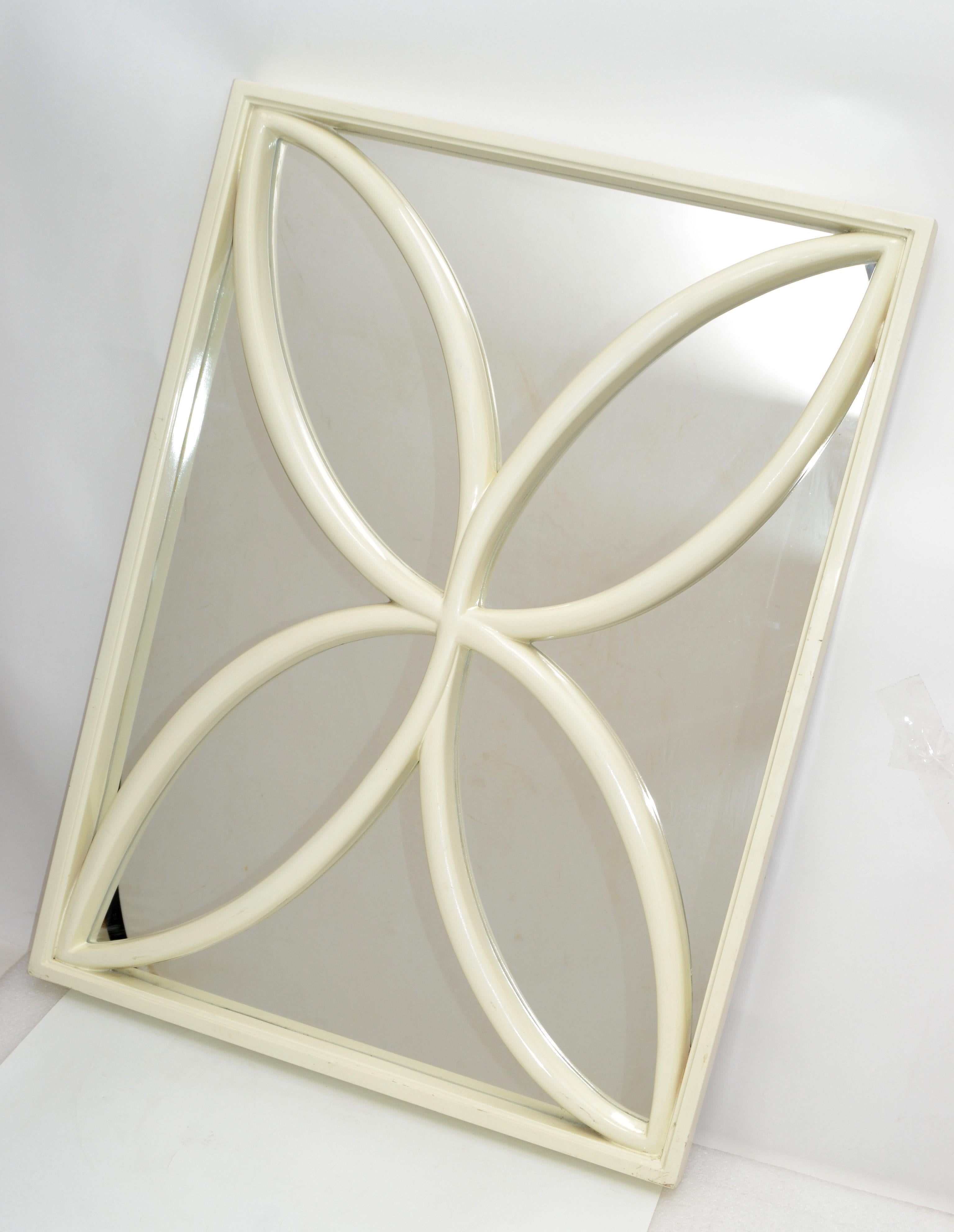 Italian 1970 Faux Bois Hand Carved Wood Wall Mirror Hollywood Regency Off-White, Italy For Sale
