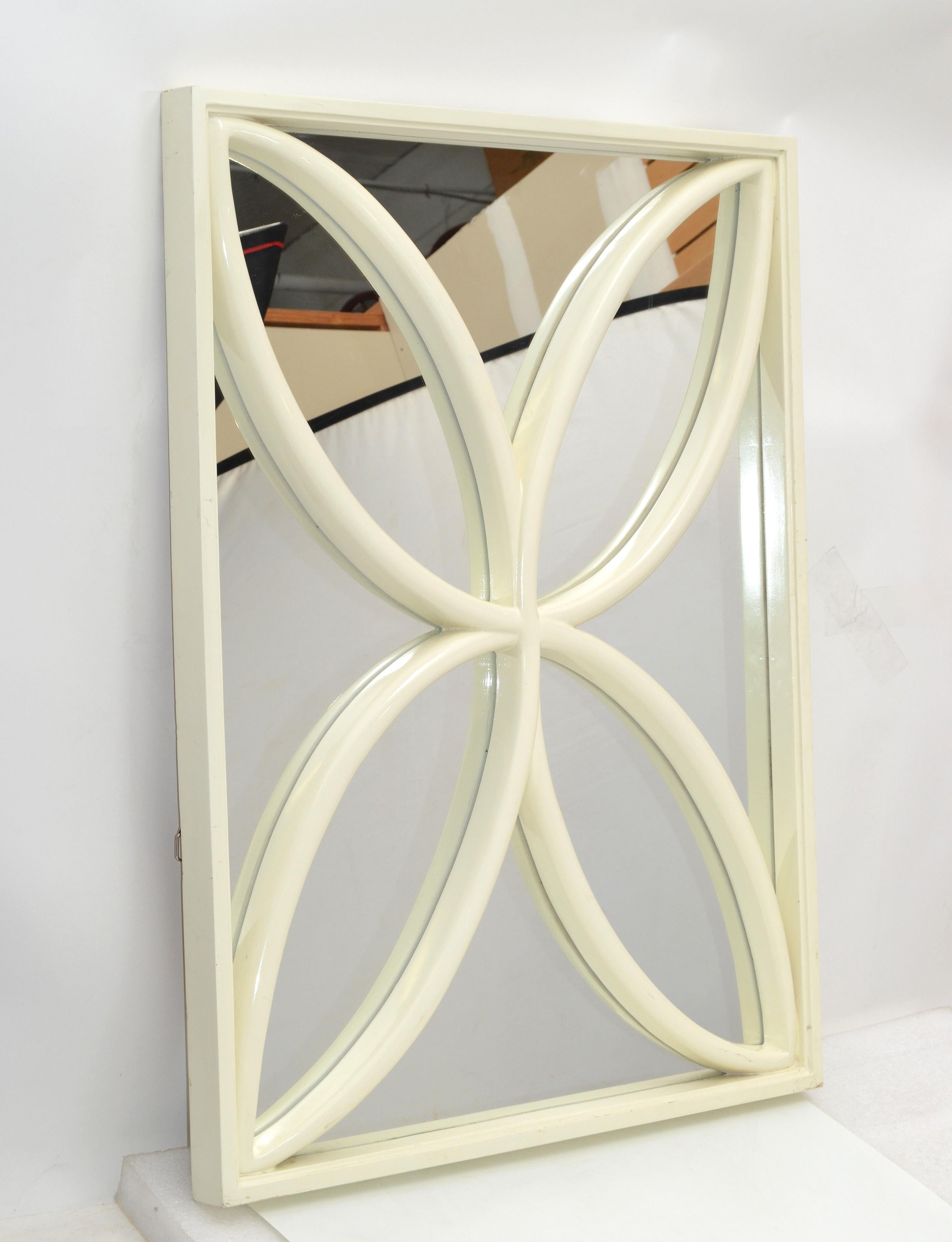 1970 Faux Bois Hand Carved Wood Wall Mirror Hollywood Regency Off-White, Italy For Sale 3