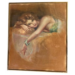Portrait de femme glamour, huile sur velours dans un cadre doré, 1970
