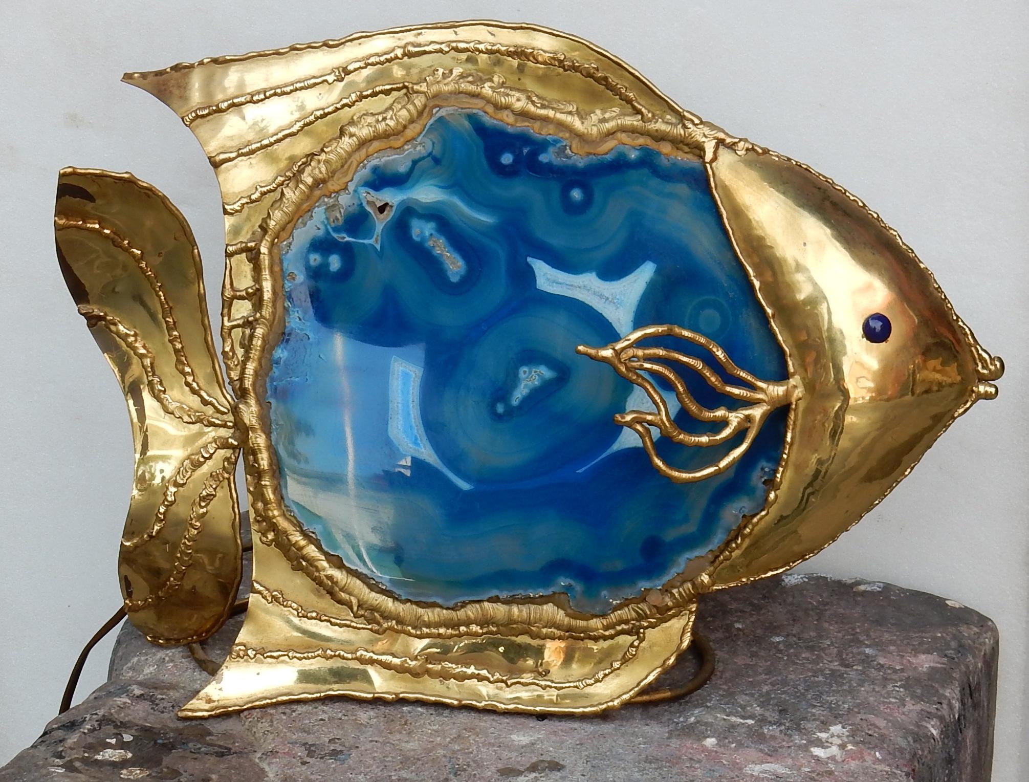 Other 1970 Fish Lamp with Blue Agate Style Duval Brasseur Enlightening