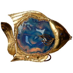 1970 Fish Lamp with Blue Agate Style Duval Brasseur Enlightening