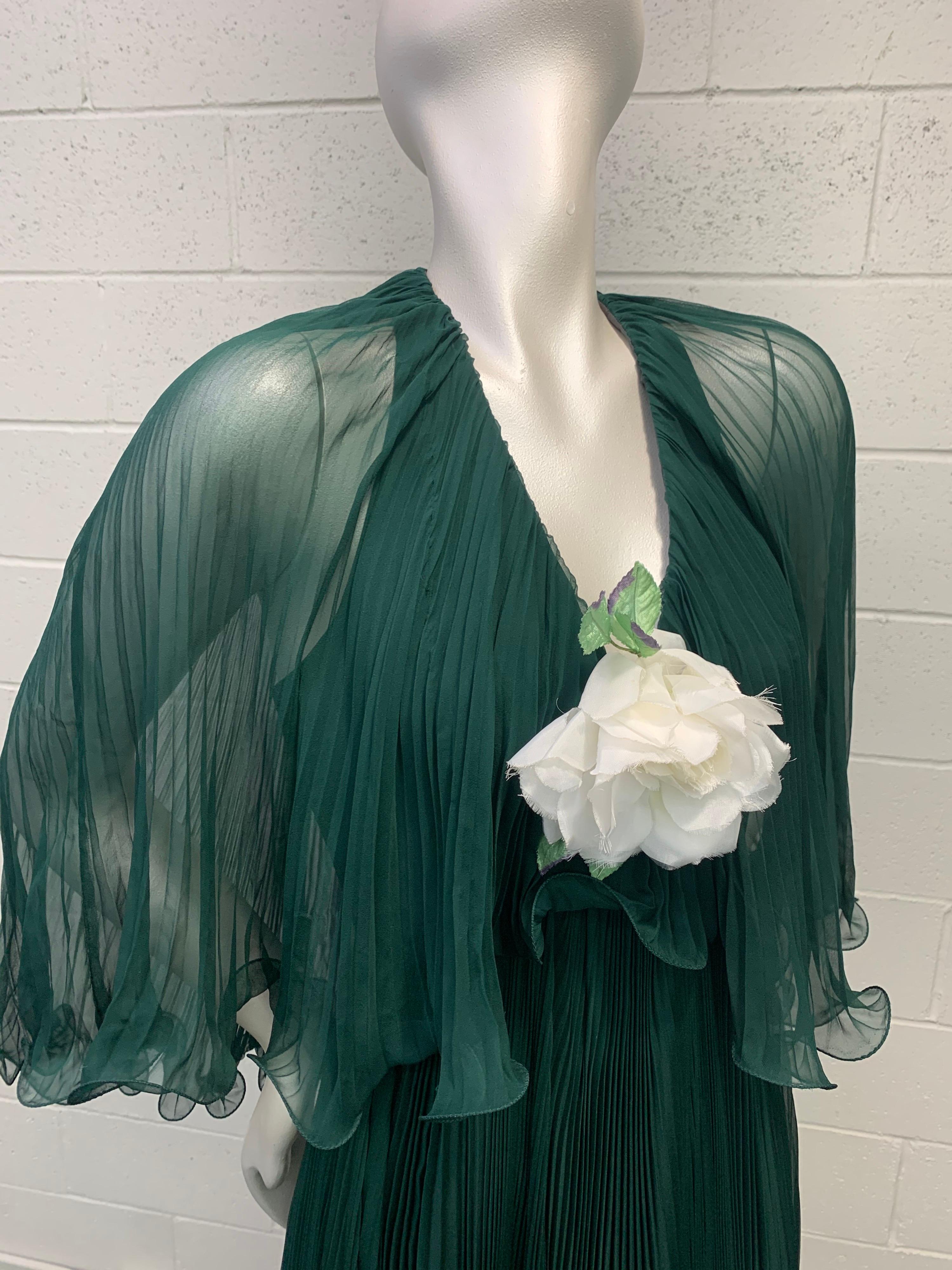 Black 1970 Forest Green Silk Chiffon Accordion Pleated Halter Dress W/ Full Sweep Hem For Sale