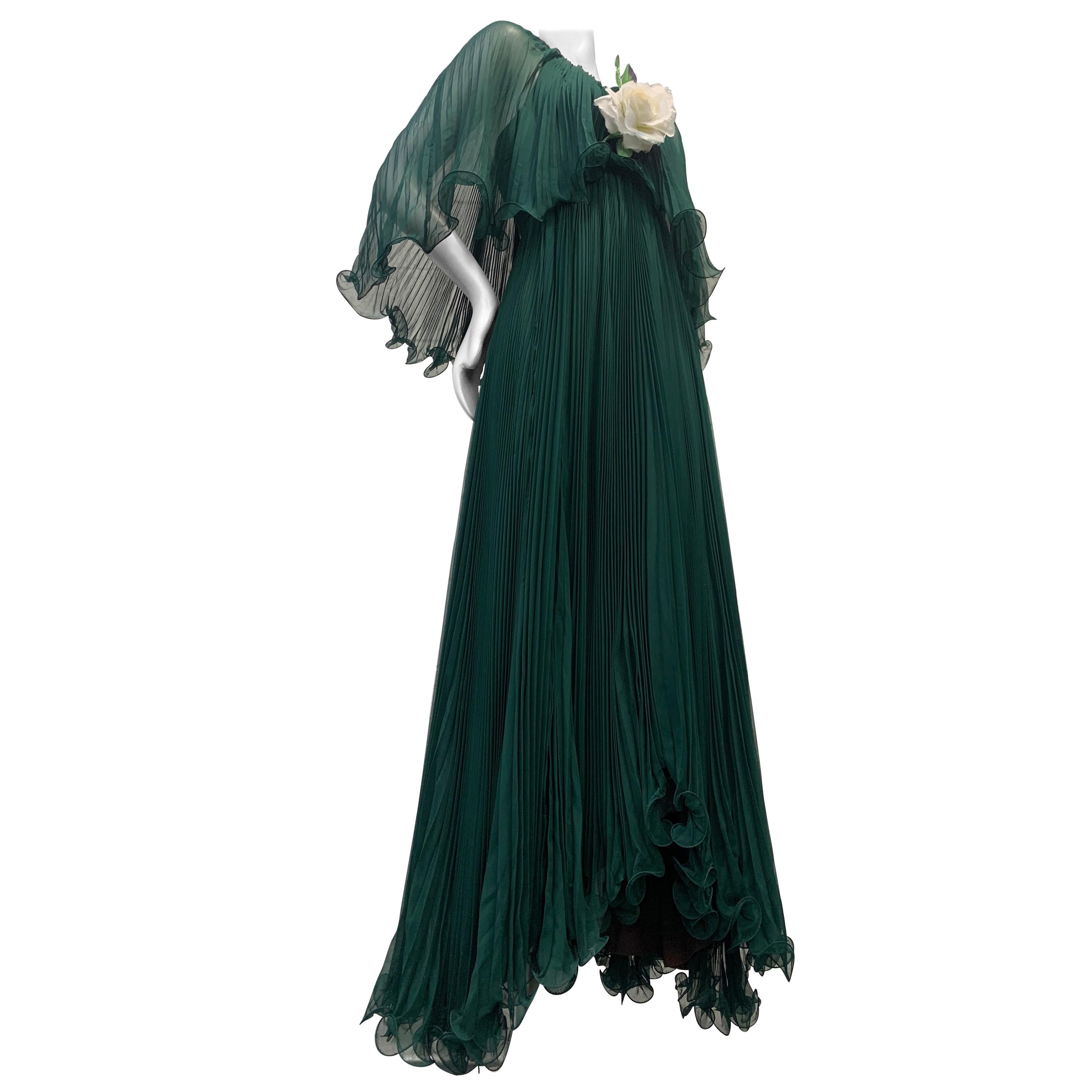 1970 Forest Green Silk Chiffon Accordion Pleated Halter Dress W/ Full Sweep Hem For Sale