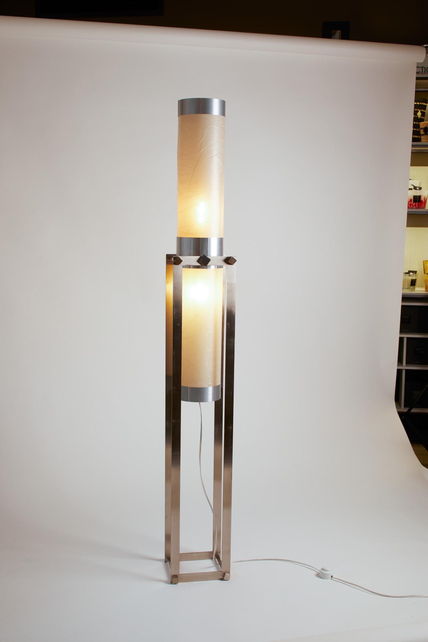 Mid-Century Modern 1970 France Pair of Maison Charles Inspired Chrome and Parchment Floor Lamps