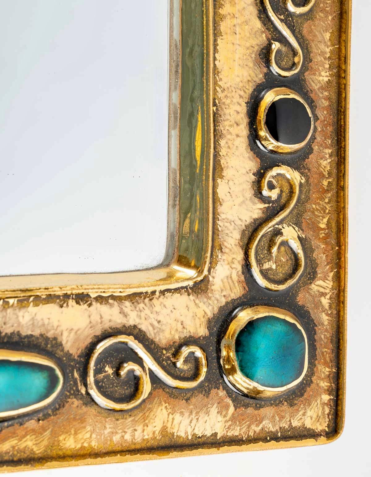 French 1970 François Lembo Mirror, Ceramic, Jeweled, Gold, Turquoise, Black, Signed