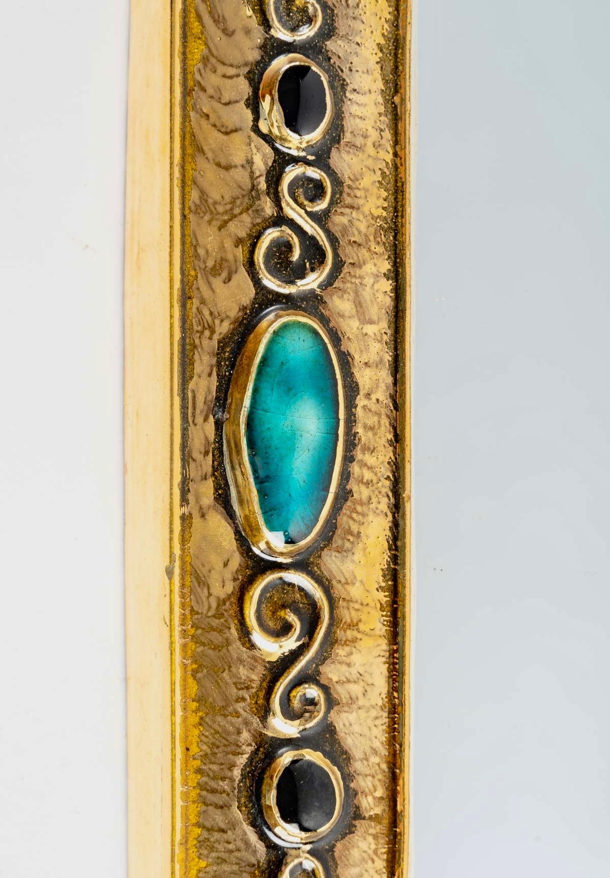 Glazed 1970 François Lembo Mirror, Ceramic, Jeweled, Gold, Turquoise, Black, Signed