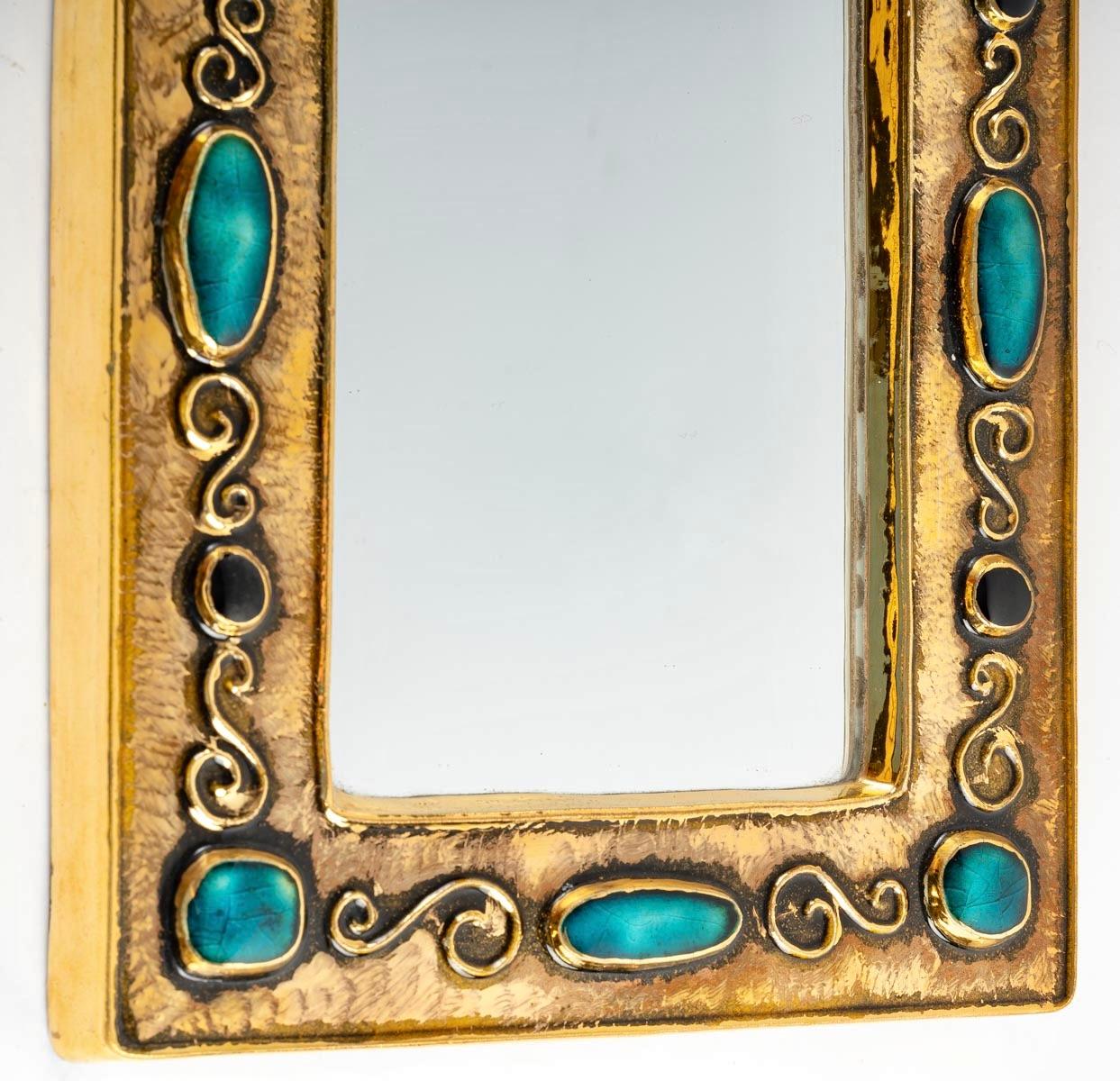 1970 François Lembo Mirror, Ceramic, Jeweled, Gold, Turquoise, Black, Signed In Good Condition In Saint-Ouen, FR