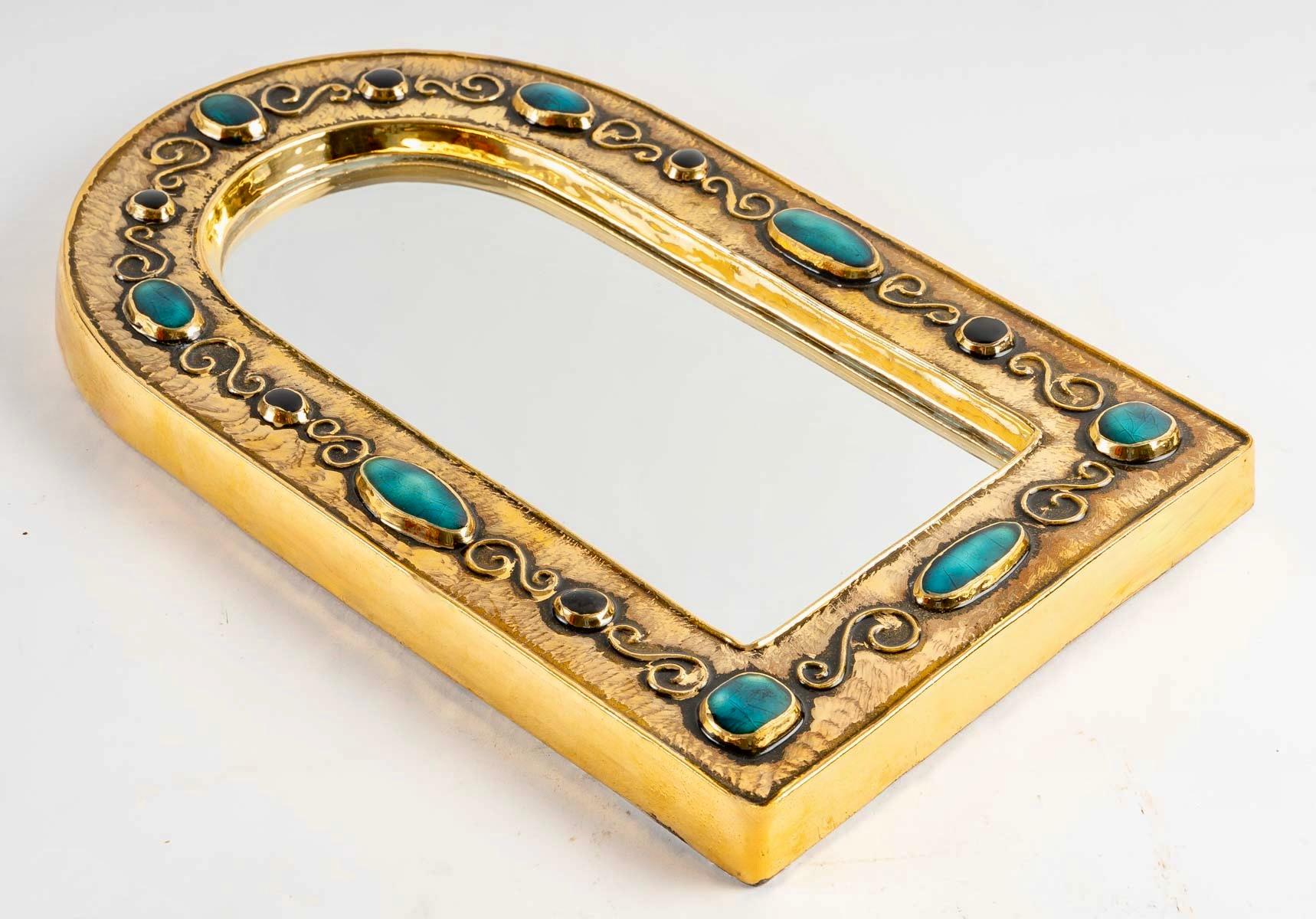Late 20th Century 1970 François Lembo Mirror, Ceramic, Jeweled, Gold, Turquoise, Black, Signed