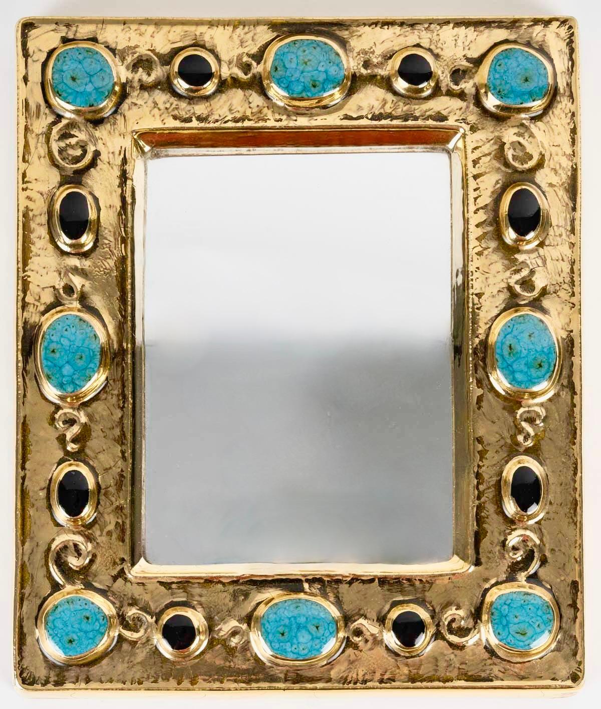 Fine XX secolo 1970 Specchio François Lembo, ceramica, Jewell, oro, verde smeraldo, firmato. in vendita
