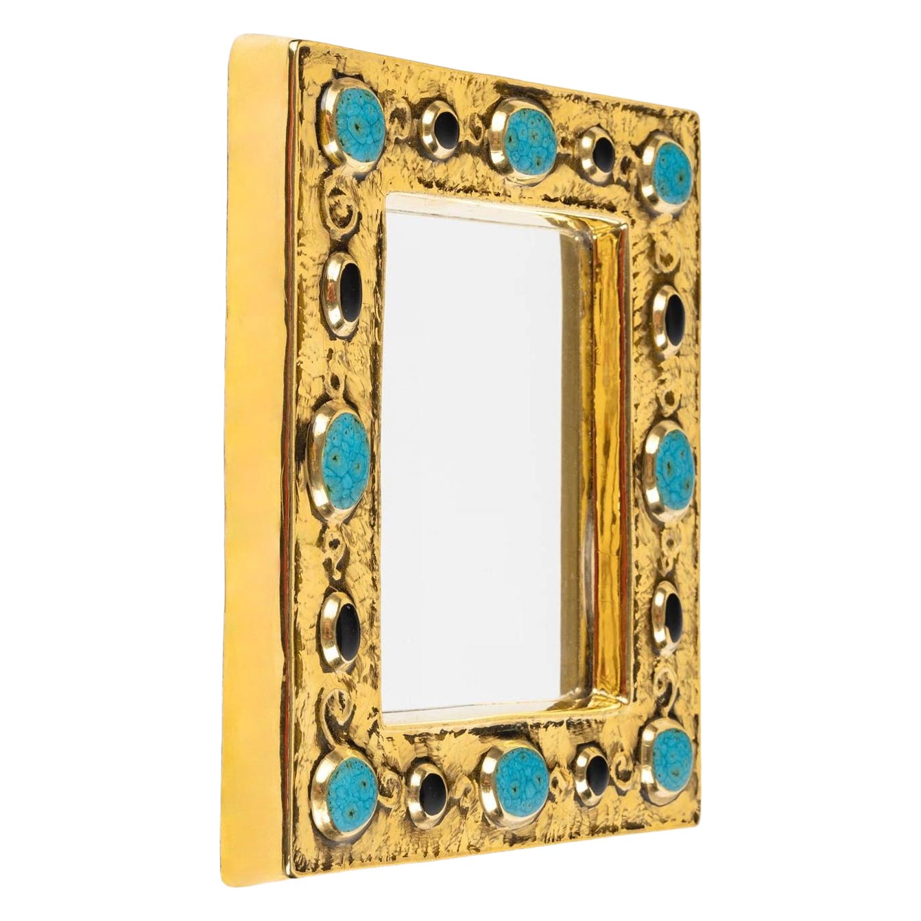 1970 François Lembo miroir, céramique, bijoux, or, vert émeraude, signé.