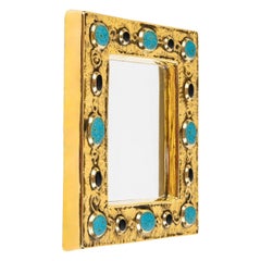 1970 François Lembo miroir, céramique, bijoux, or, vert émeraude, signé.