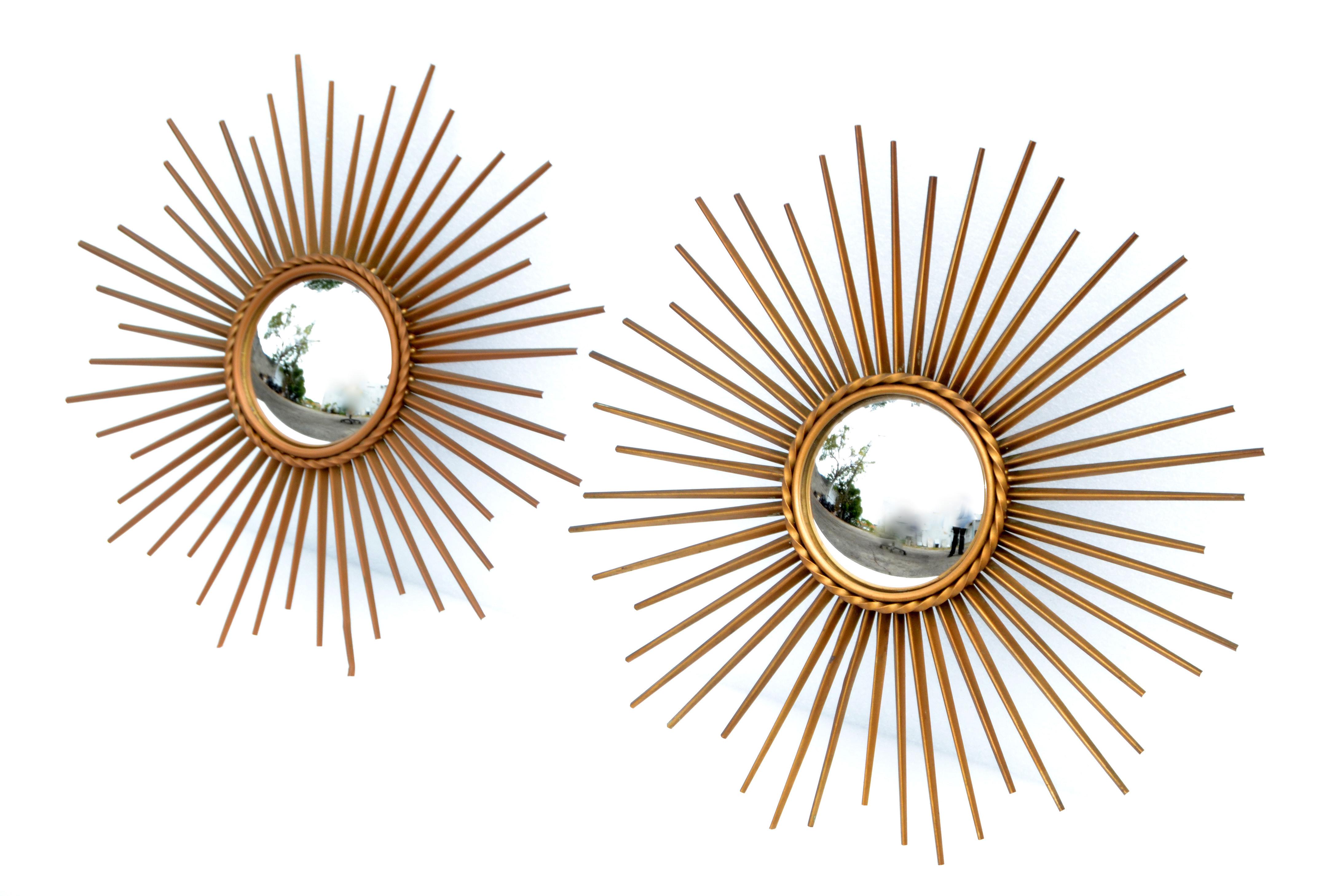 1970 French Chaty Vallauris Gold Finish Sunburst Convex Mirror Wall Mirror, Two For Sale 6