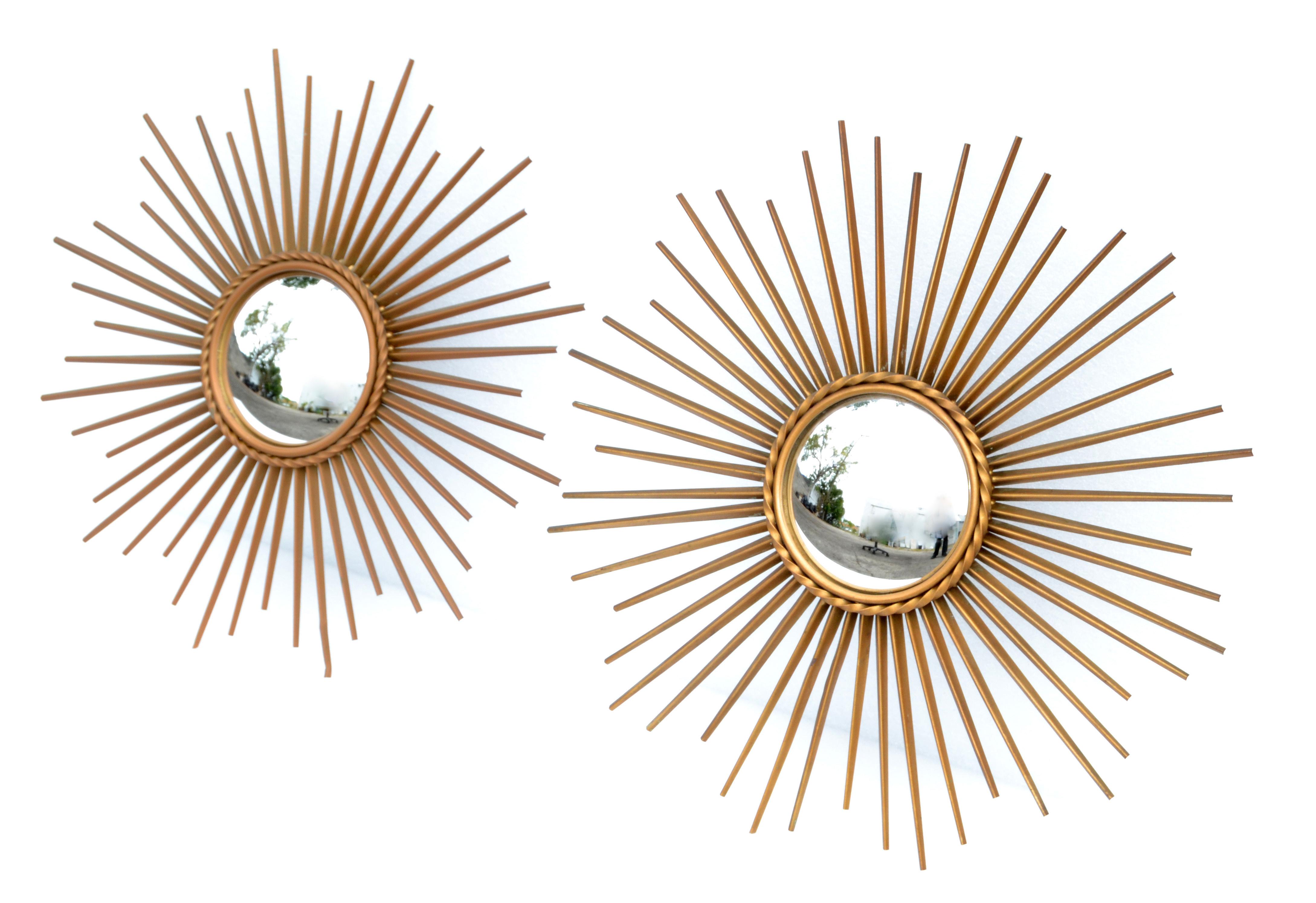 Mid-Century Modern 1970 French Chaty Vallauris Gold Finish Sunburst Convex Mirror Wall Mirror, Two For Sale