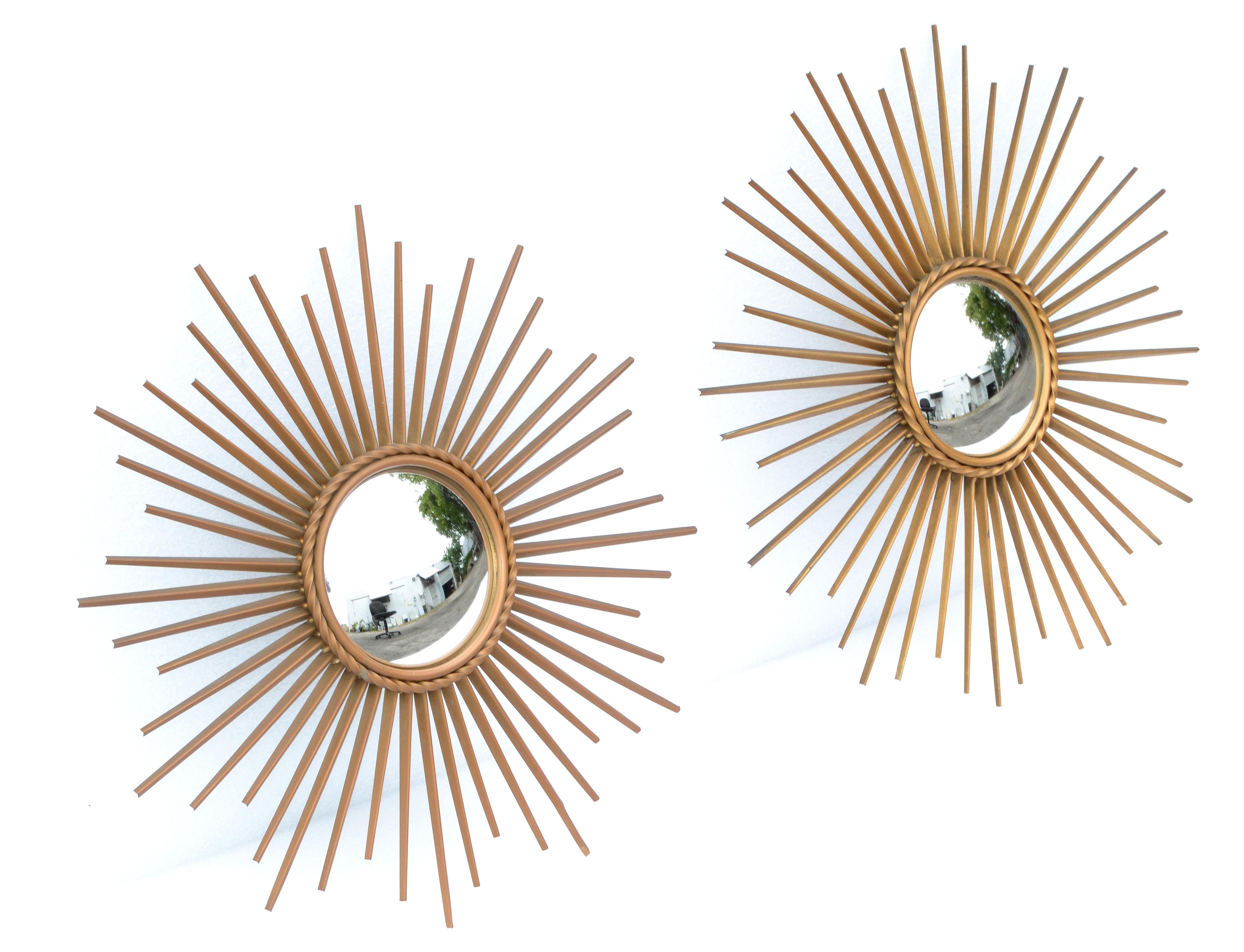 1970 French Chaty Vallauris Gold Finish Sunburst Convex Mirror Wall Mirror, Two In Good Condition For Sale In Miami, FL