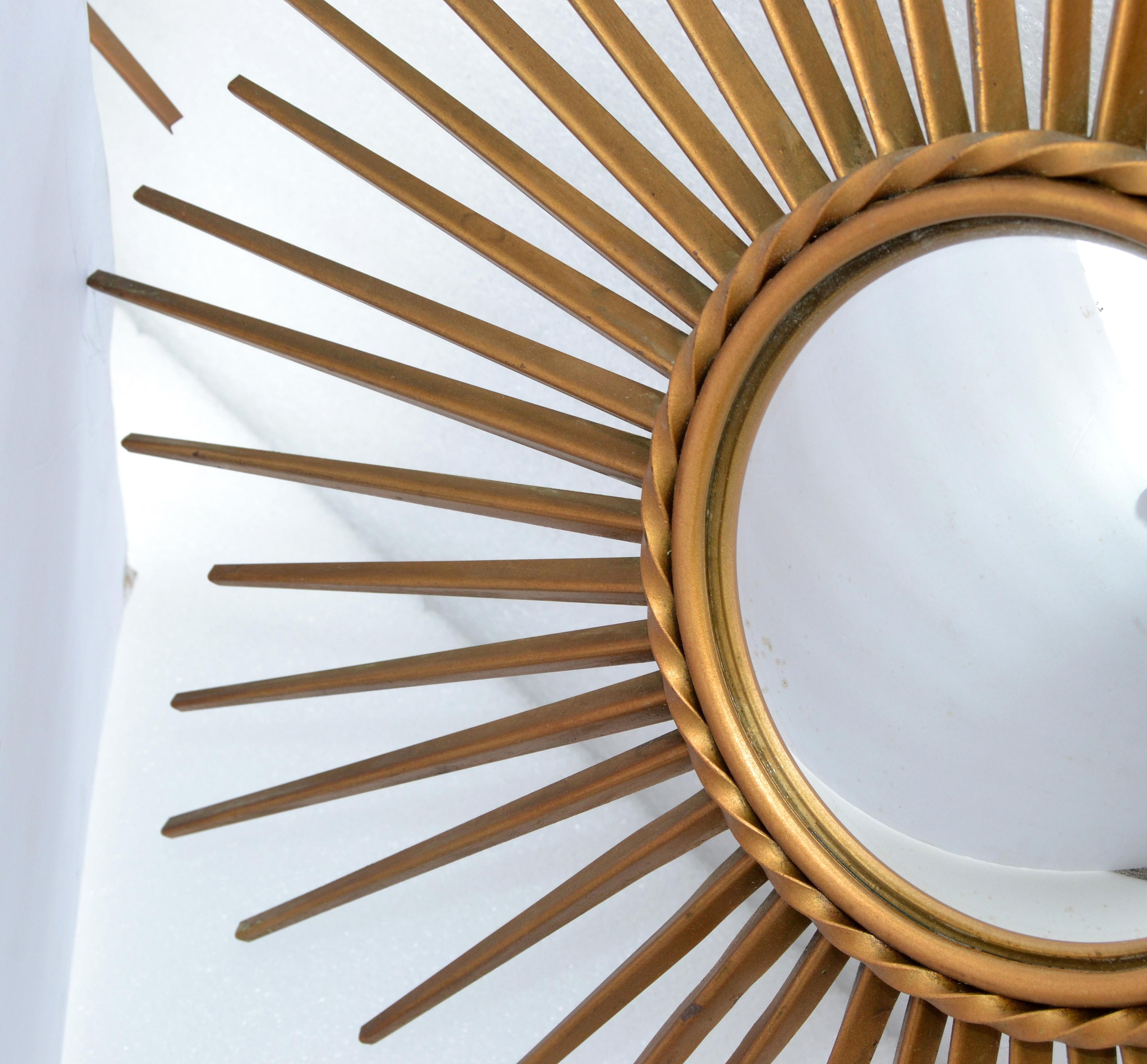 20th Century 1970 French Chaty Vallauris Gold Finish Sunburst Convex Mirror Wall Mirror, Two For Sale