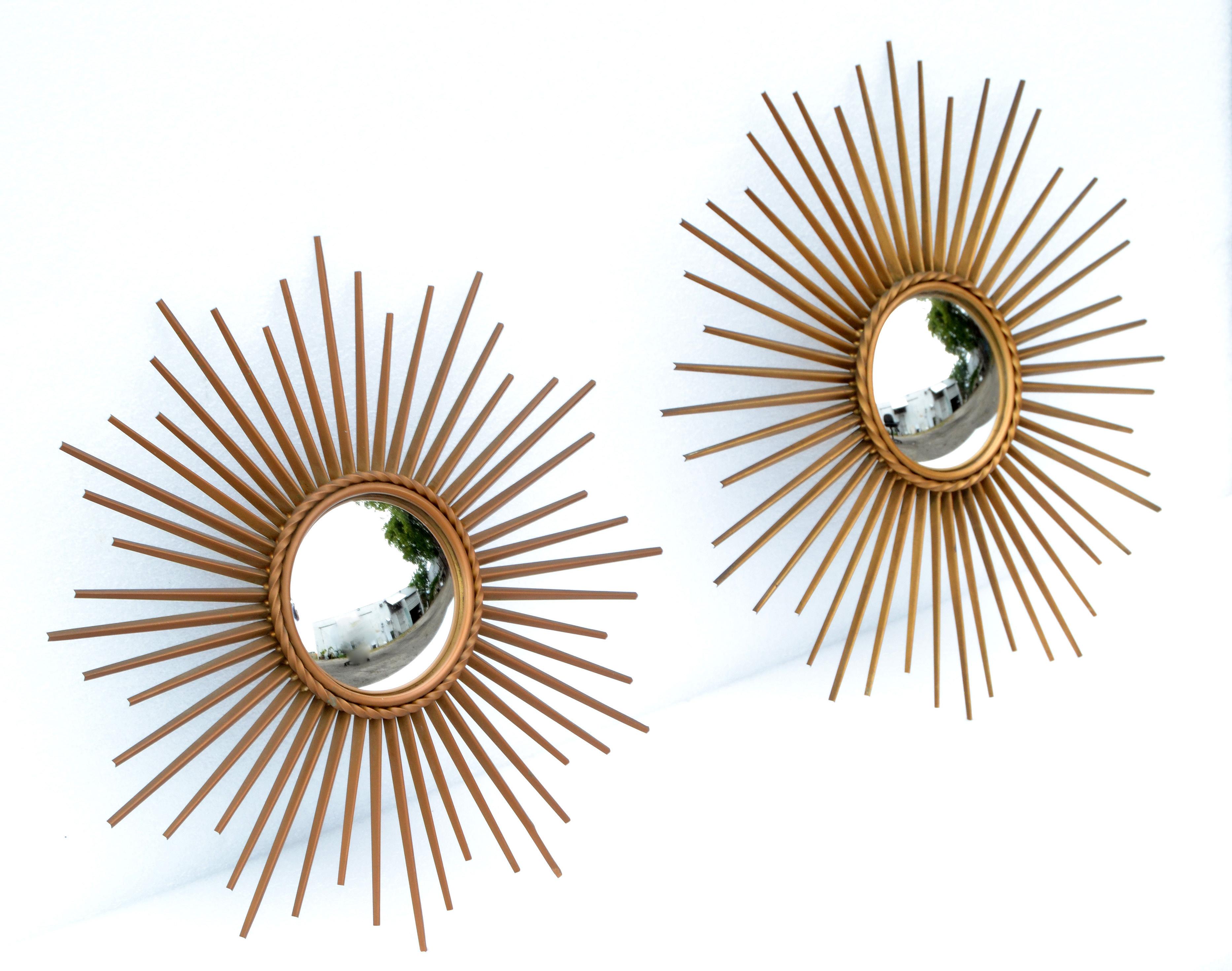 1970 French Chaty Vallauris Gold Finish Sunburst Convex Mirror Wall Mirror, Two For Sale 3