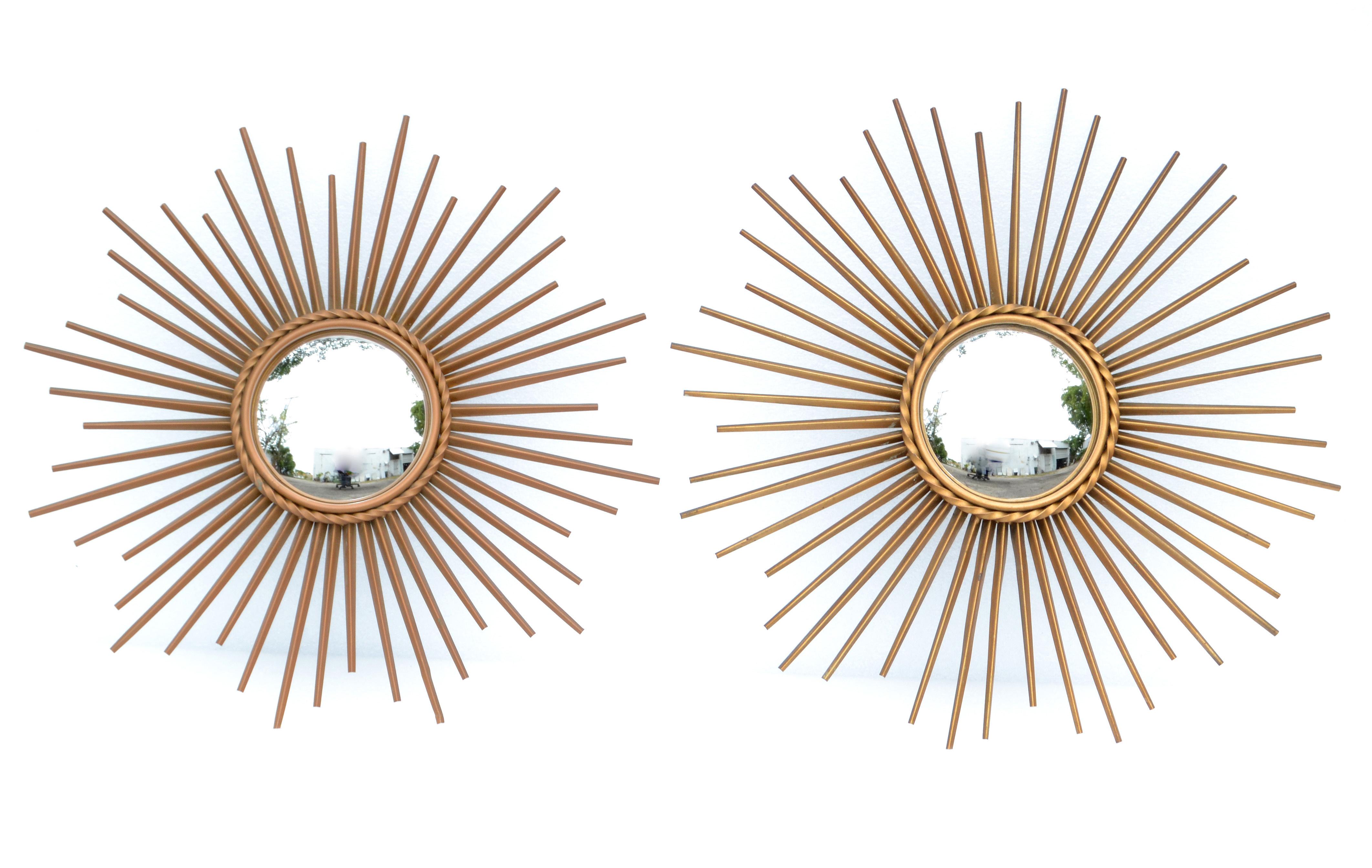 1970 French Chaty Vallauris Gold Finish Sunburst Convex Mirror Wall Mirror, Two For Sale 4