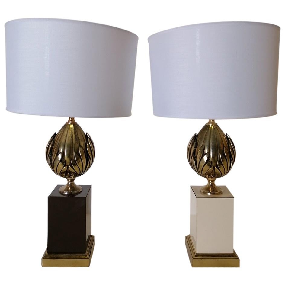 1970 French Midcentury Pair of Table Lamps in Maison Charles Style For Sale