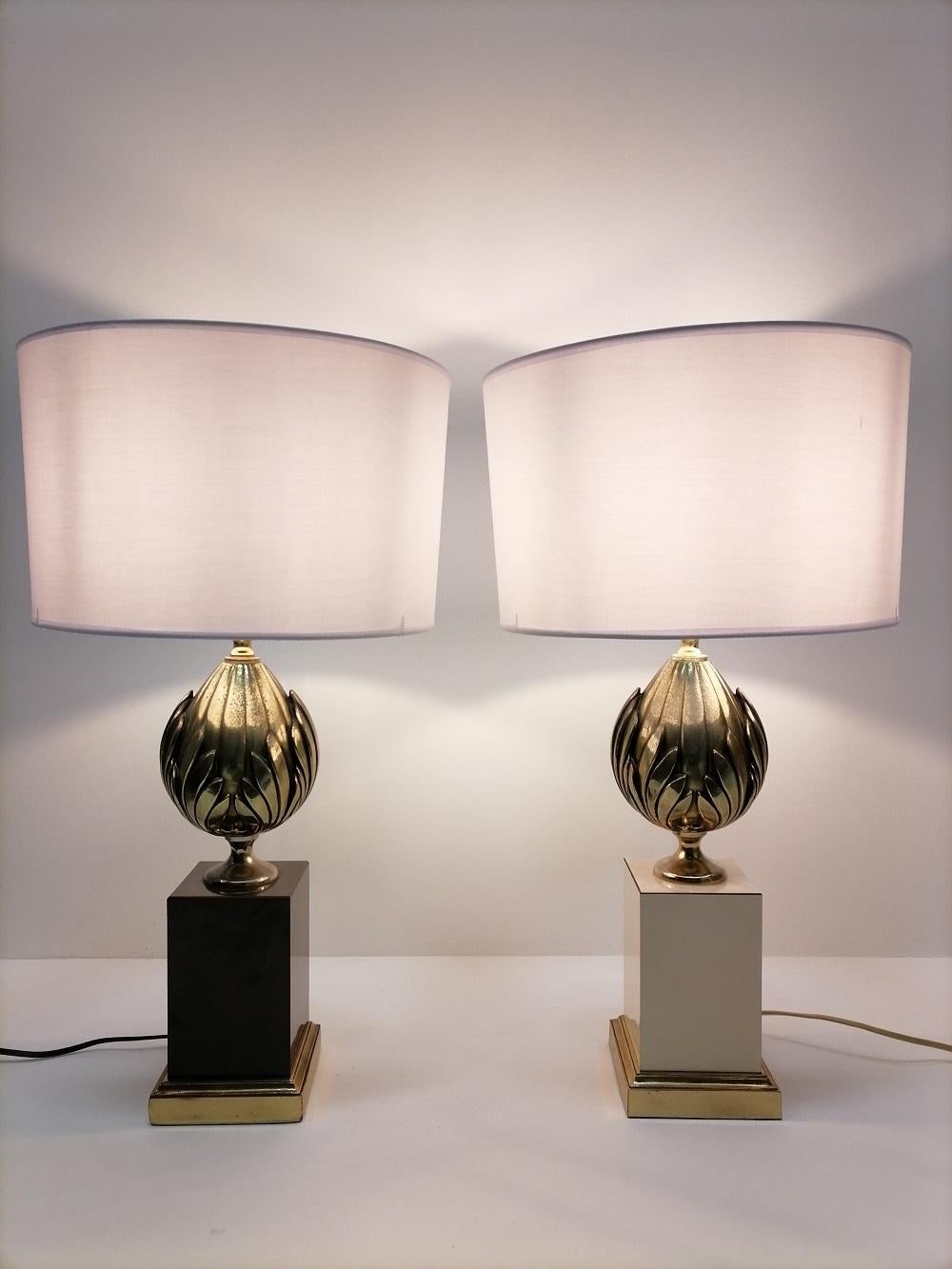 Metal 1970 French Midcentury Pair of Table Lamps in Maison Charles Style For Sale
