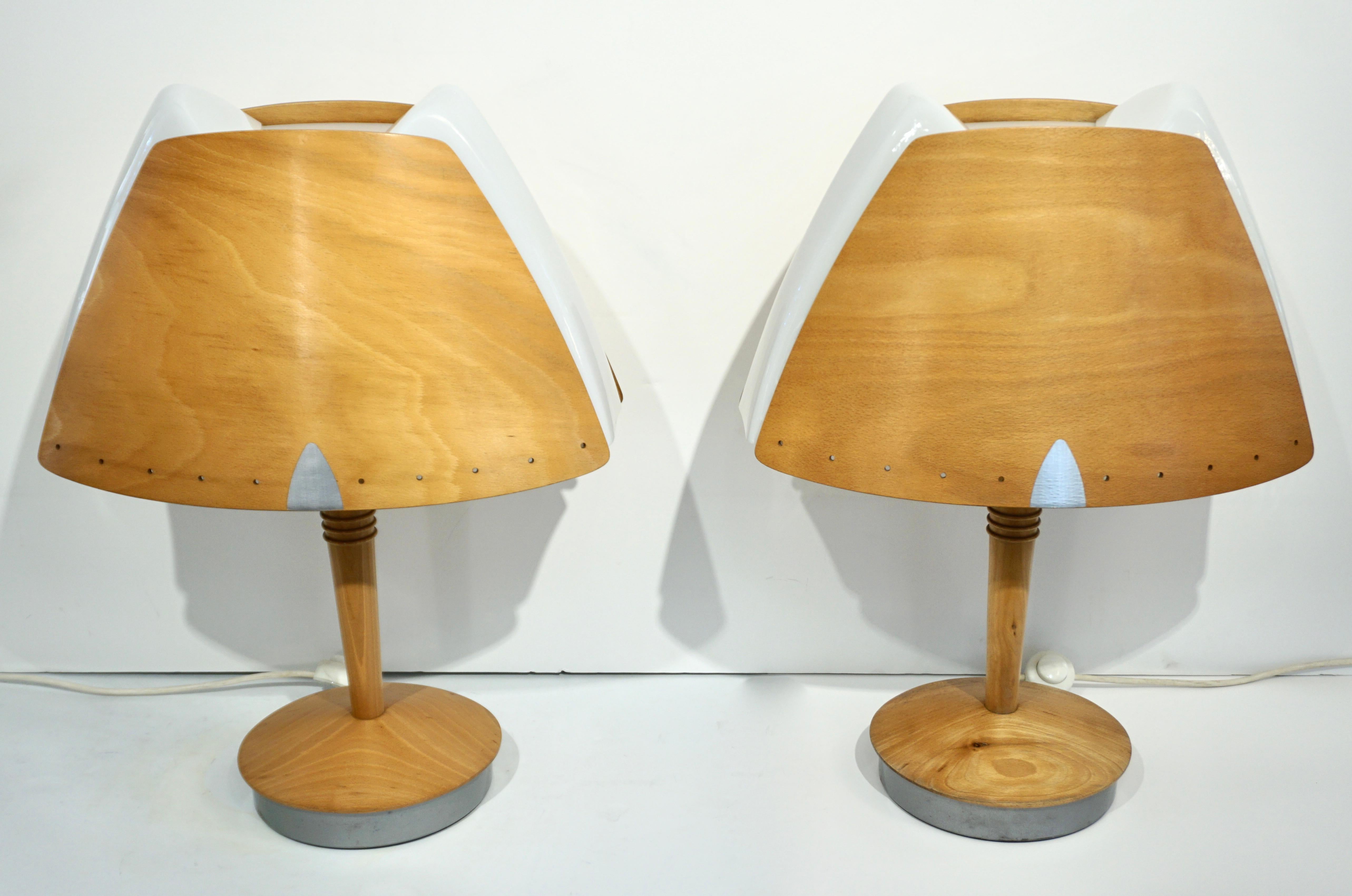 Brushed 1970 French Pair of Birch Wood and Acrylic Table Lamp for Barcelona Hilton Hotel For Sale