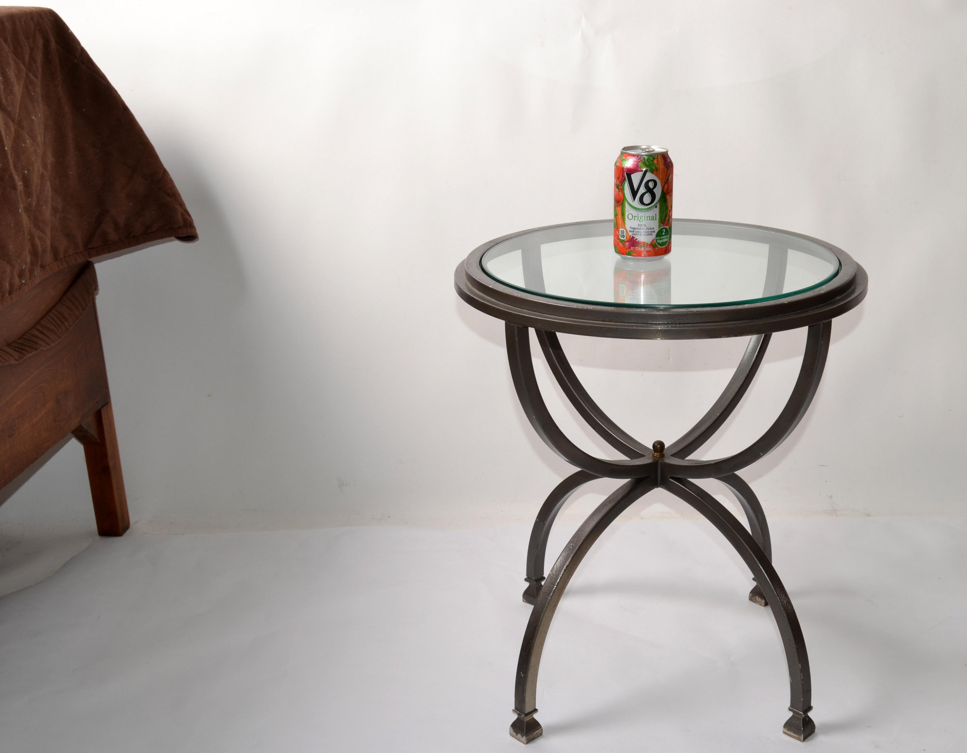 1970 French Style Bend Steel Round Glass Top End Side Drink Table Brass Finial For Sale 5