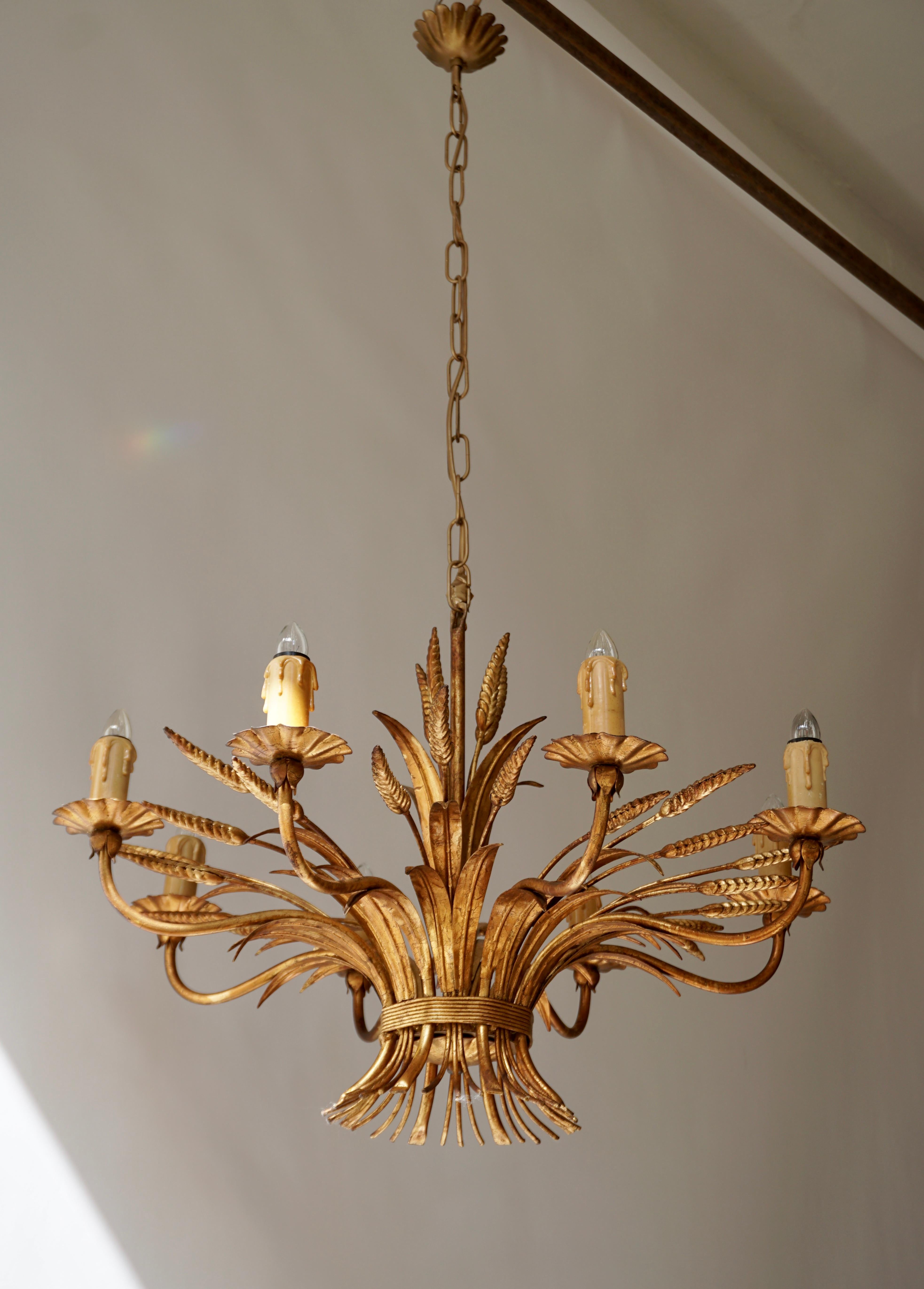 Brass 1970 French Tole Faux Palm Tree Eight-Light Chandelier