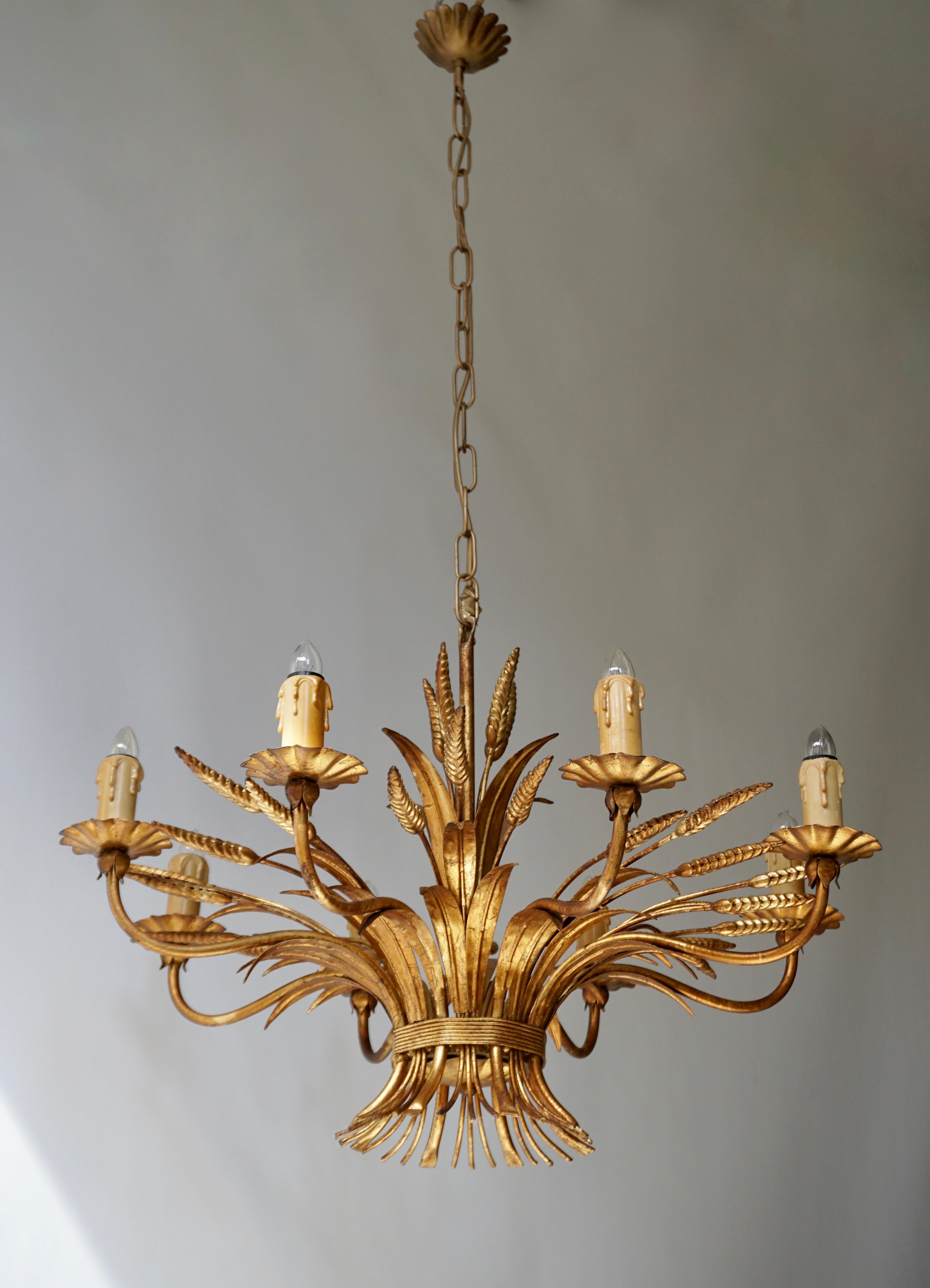 Hollywood Regency 1970 French Tole Faux Palm Tree Eight-Light Chandelier