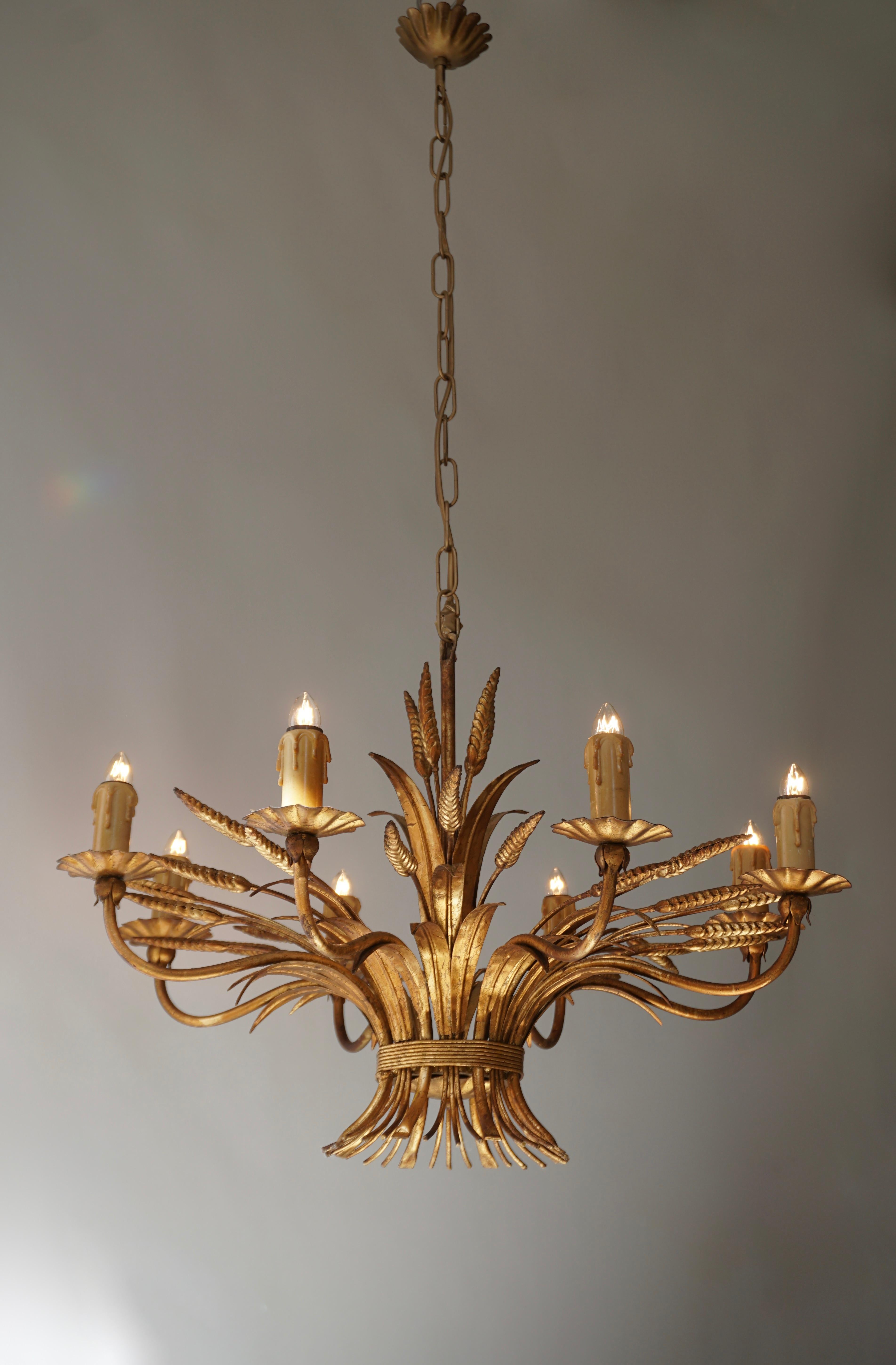 Gilt 1970 French Tole Faux Palm Tree Eight-Light Chandelier