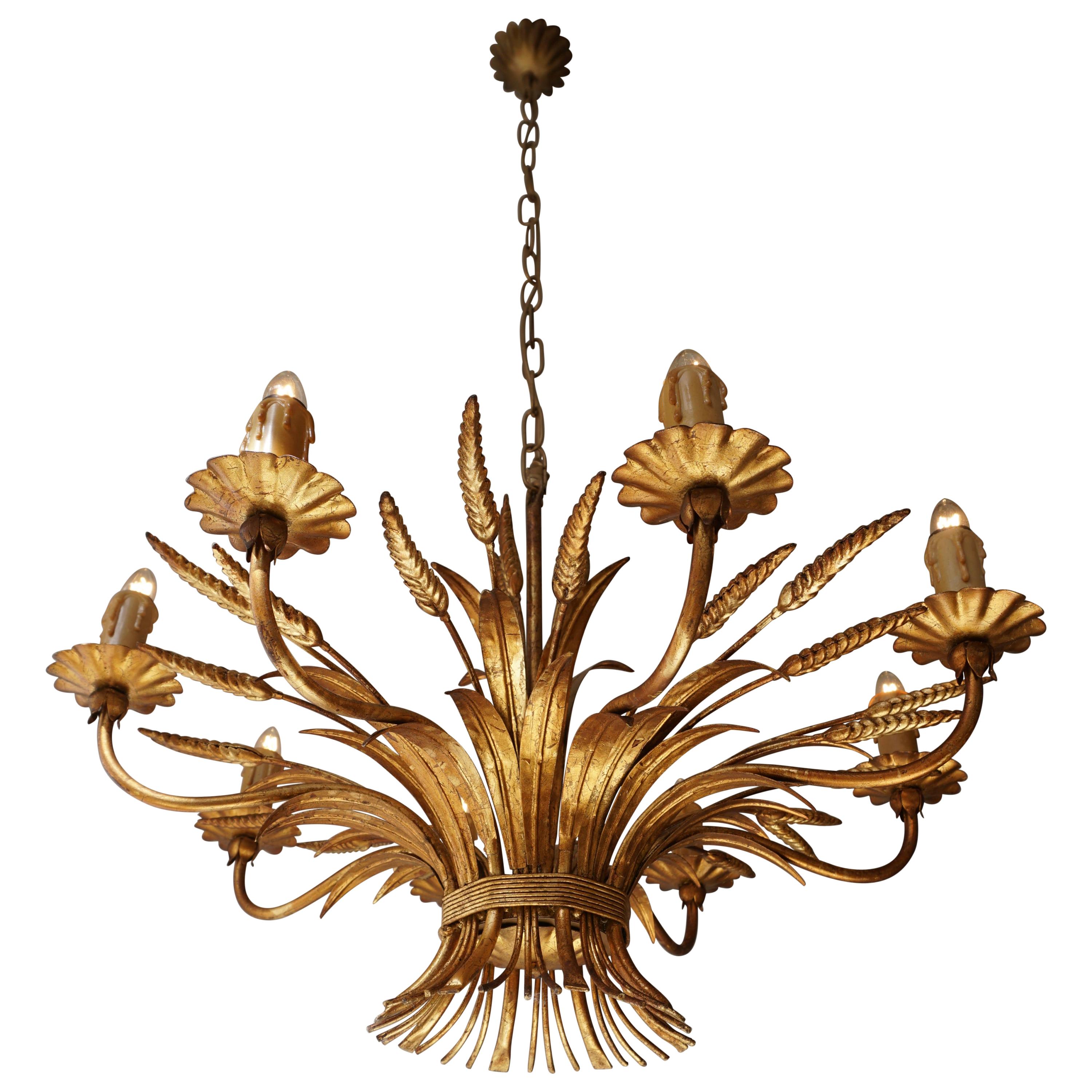 1970 French Tole Faux Palm Tree Eight-Light Chandelier