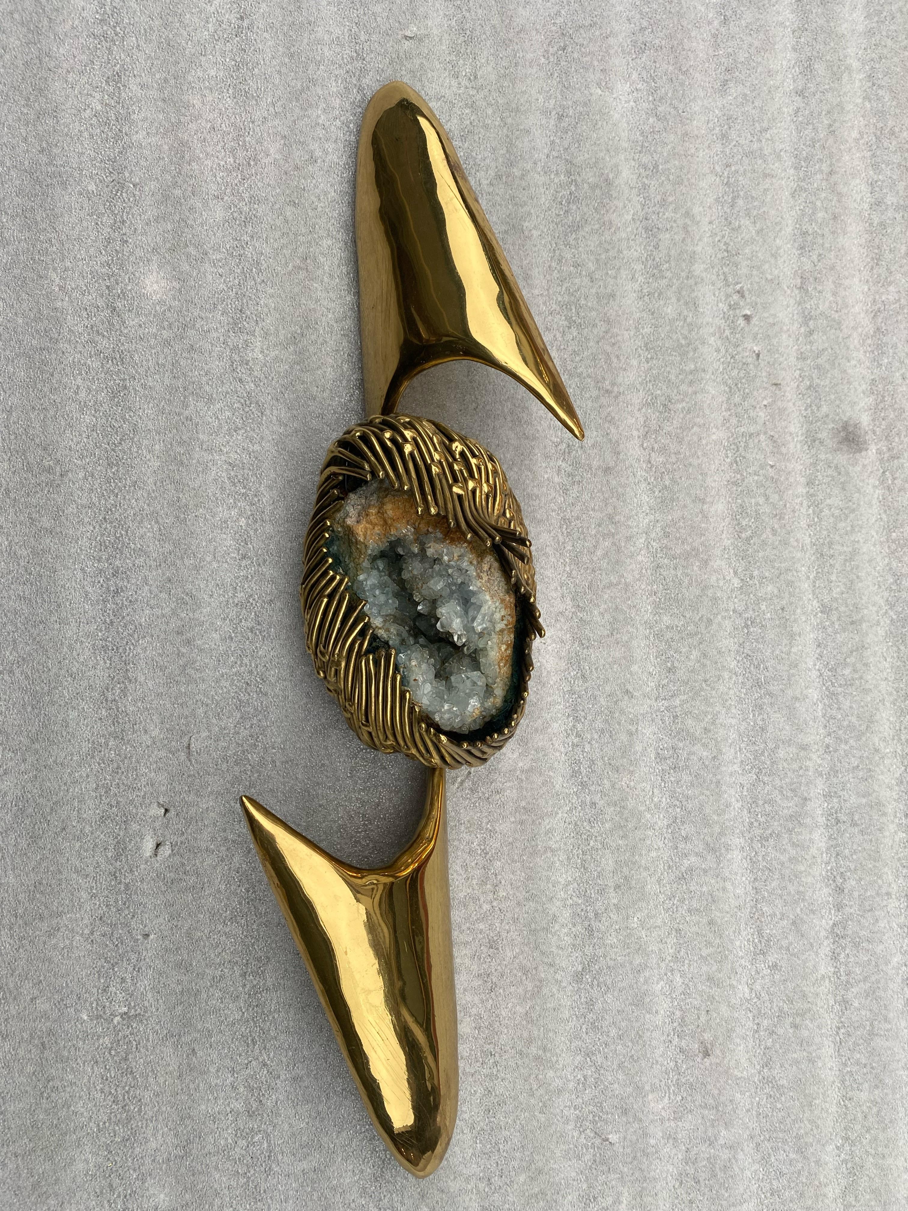 1970, Geode and Gilt Bronze Wall Sculpture Signed Jacques Duval Brasseur