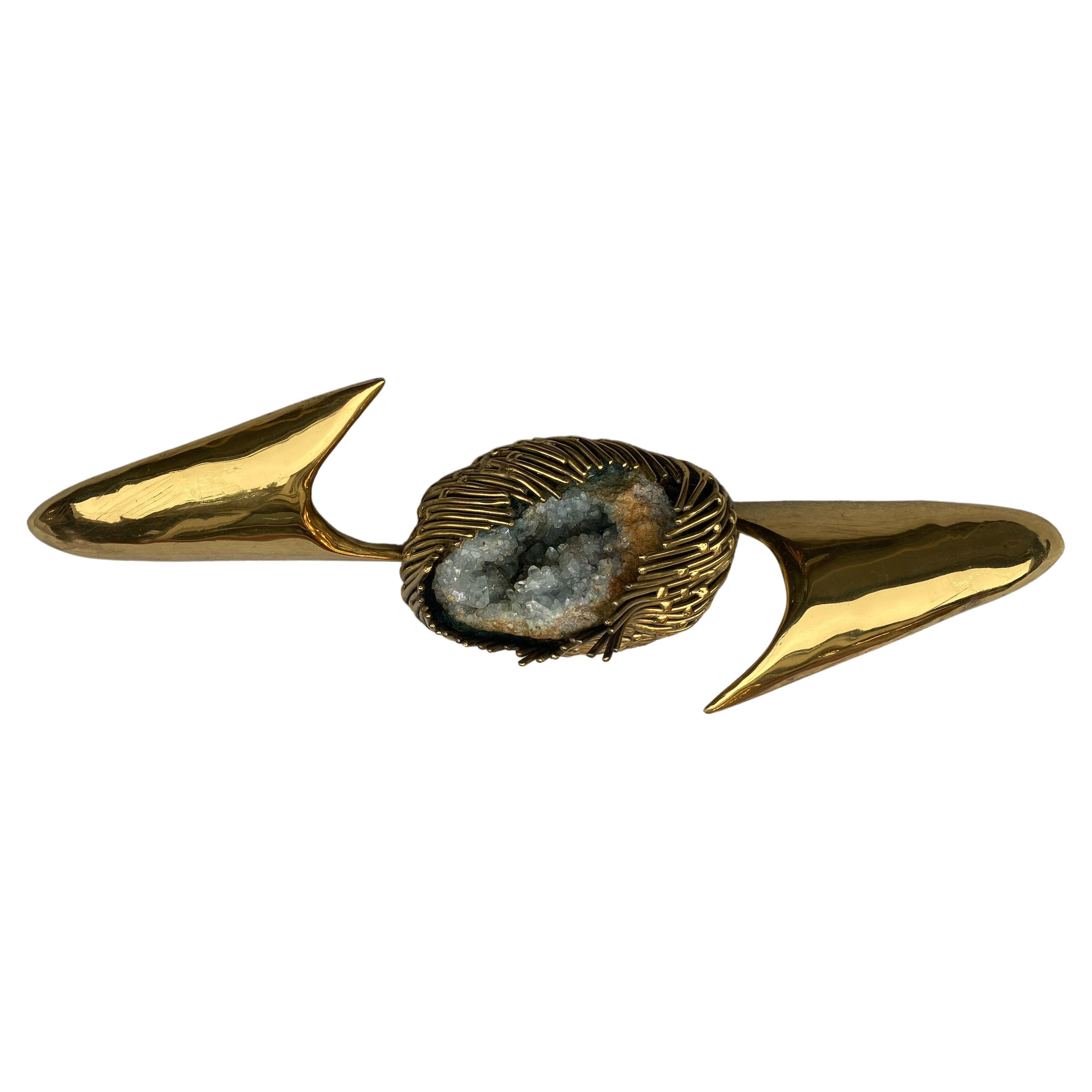 1970, Geode and Gilt Bronze Wall Sculpture Signed Jacques Duval Brasseur For Sale