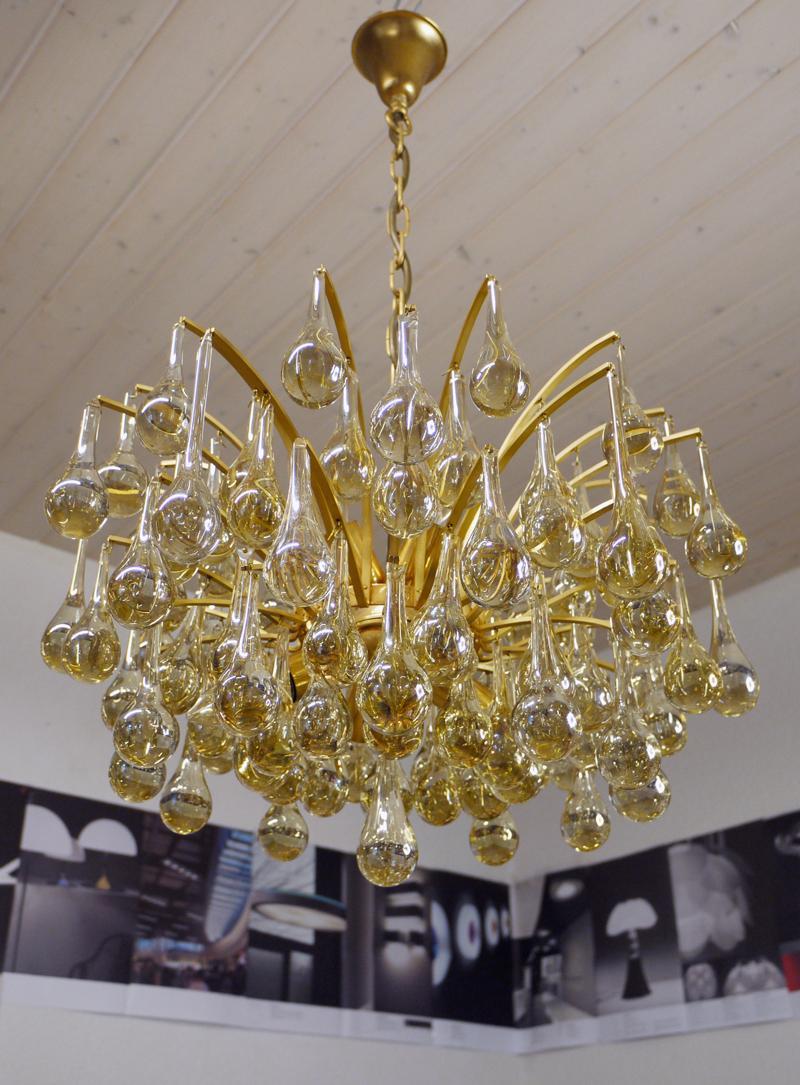 1970 Germany Palwa Tear Drop Chandelier Murano Glass and Brass For Sale 1