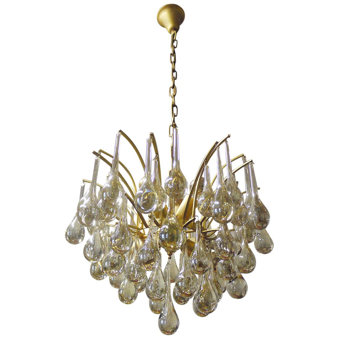 1 'of 2' 1970 Germany Palwa Tear Drop Chandelier Murano Glass and Brass For Sale