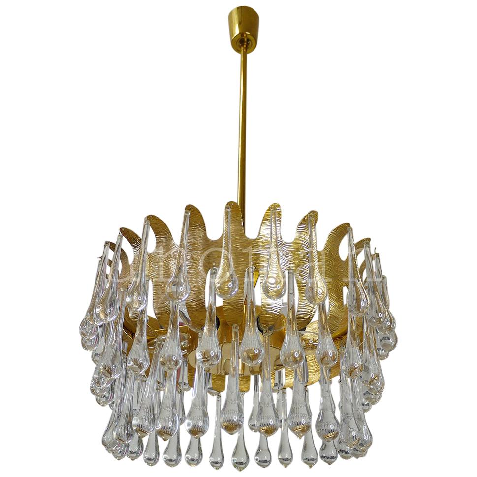 1970 Germany Palwa Tear Drop Chandelier Murano Glass & Gilt-Brass For Sale