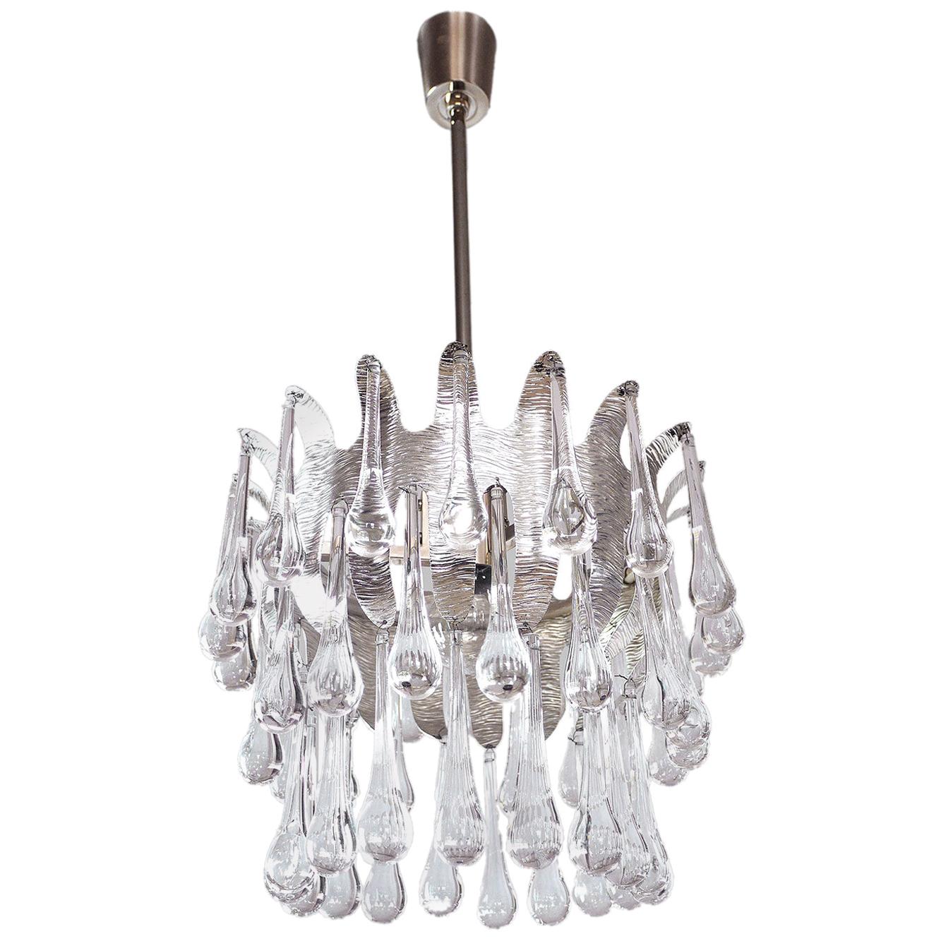 1970 Germany Palwa Tear Drop Chandelier Murano Glass and Silver Brass For Sale