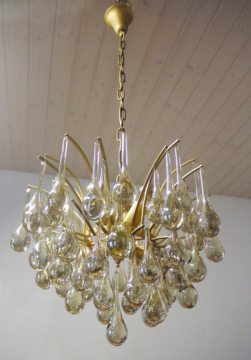 1 'of 2' 1970 Germany Palwa Tear Drop Chandelier Murano Glass and Brass For Sale 4