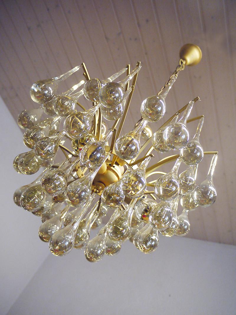Hollywood Regency 1 'of 2' 1970 Germany Palwa Tear Drop Chandelier Murano Glass and Brass For Sale