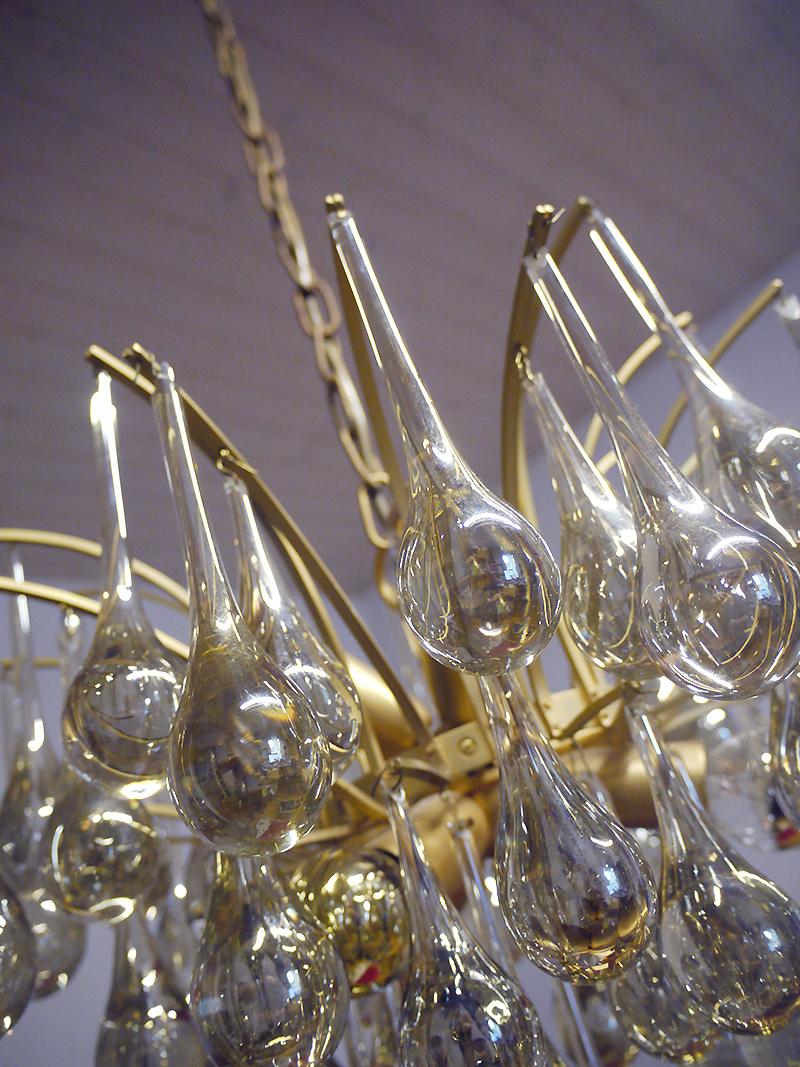 Late 20th Century 1 'of 2' 1970 Germany Palwa Tear Drop Chandelier Murano Glass and Brass For Sale